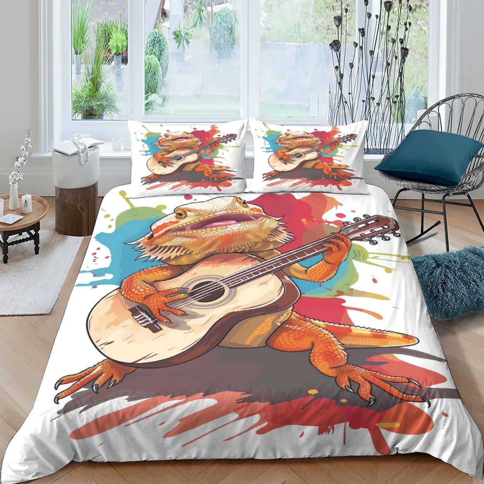 Ctjqhvkz Style-9 3D Printed Lizard Guitar Fitted Sheet Microfiber Artistic Bed Cover Colorful Bedroom Decor For Mattress Protection Single（135X200cm）