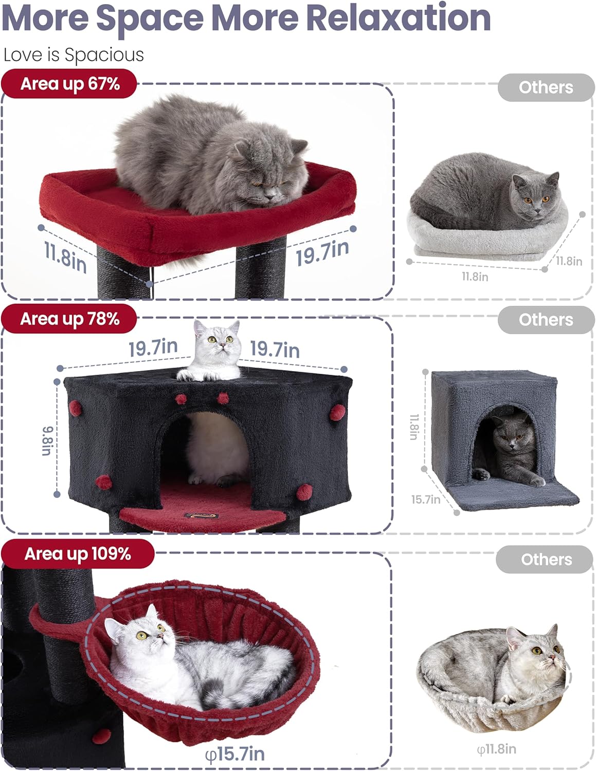 Heavy Duty Cat Tree for Large Cats Adult - 60 Inch XXL Sturdy Cat Tower Condo with Extra Wide Scratching Posts (φ4.4in) Big Cat House Hammock Perch - Indoor Wood Modern Multi Level Corner Cat Bed