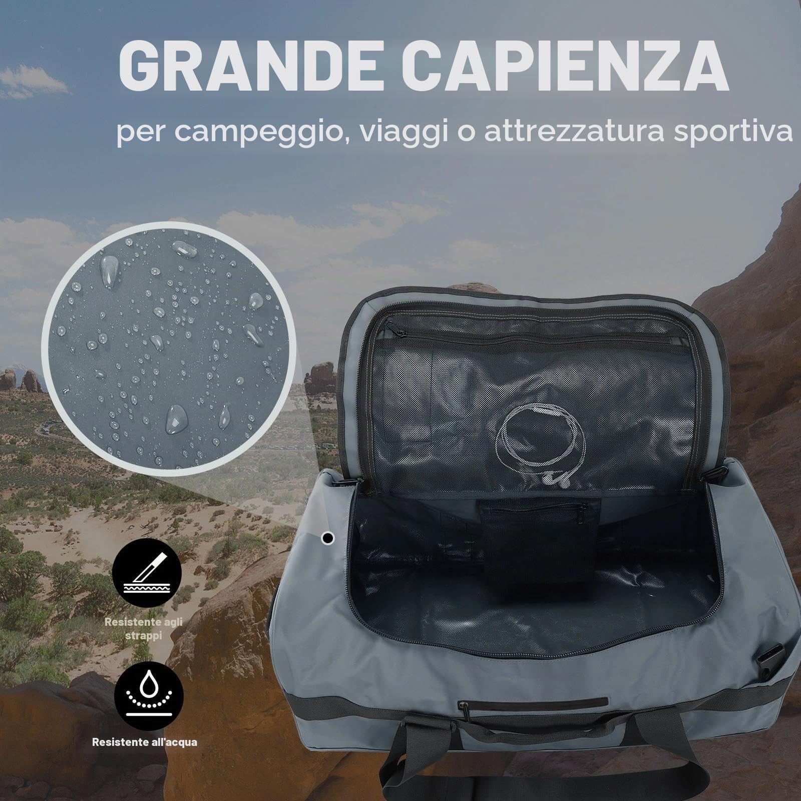 MIER Borsa sportiva impermeabile, resistente e convertibile, con cinghie e scomparto per scarpe, per palestra e sport, viaggi, 90 L, grigio