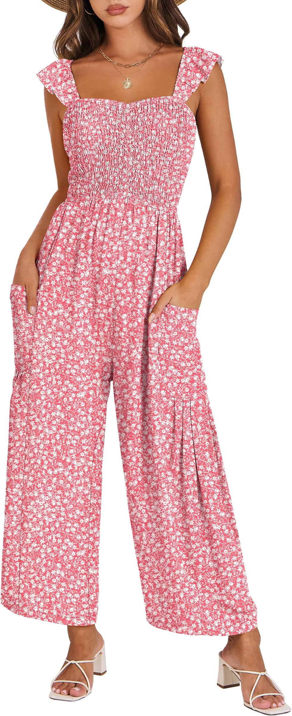 Jumpsuits for Women Dressy One Piece Summer Outfits Wide Leg Sleeveless Smocked Romper Jumpers Casual Beach Overalls