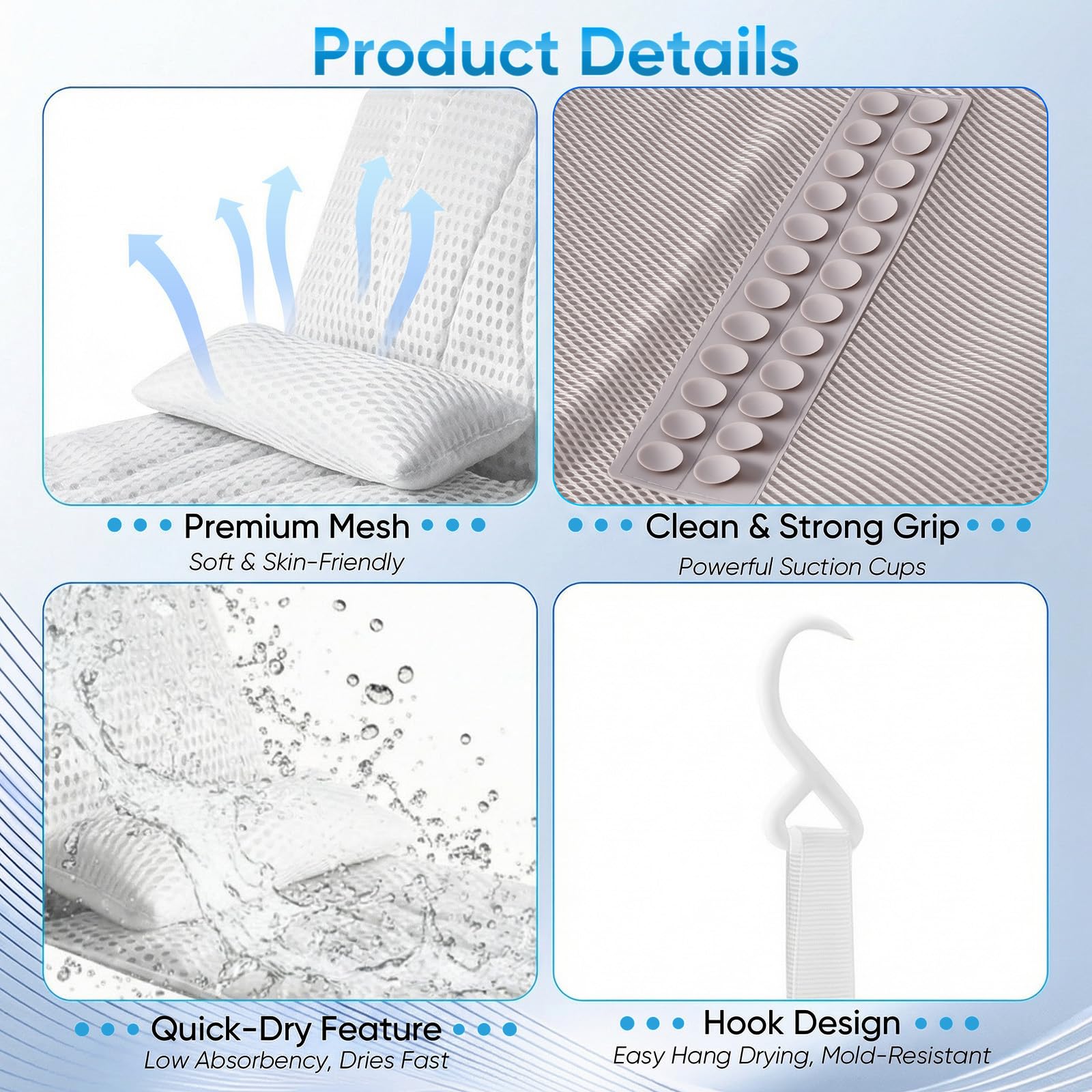 Set completo per vasca da bagno con cuscino lombare, 142 x 48 cm, morbido divano da bagno in rete 5D con ventose e poggiatesta, tappetino per vasca da bagno e tappetino spray (bianco)