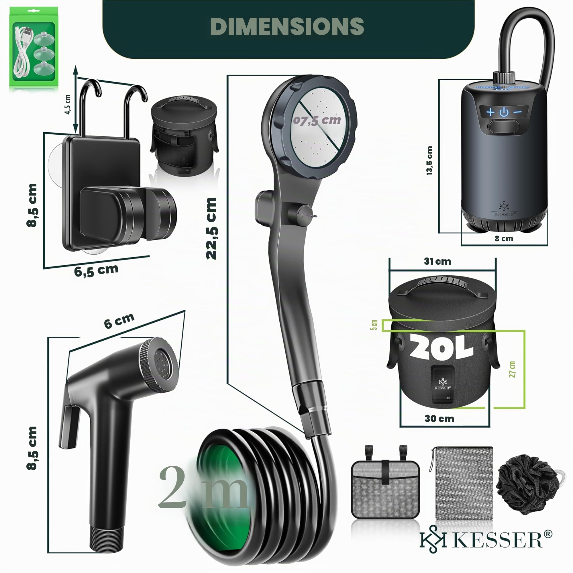KESSER® Douche solaire de camping avec pompe et batterie rechargeable 4000 mAh - Kit de douche de camping avec pommeau de douche réglable, tuyau de 2 m, pistolet pulvérisateur et support