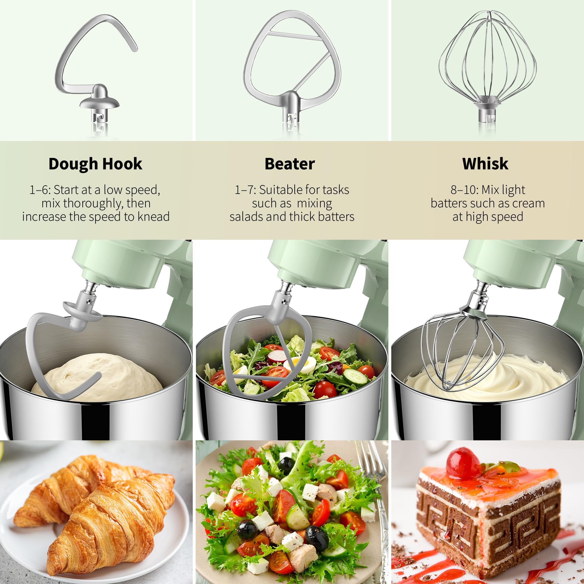 Vezzio Batidora Amasadora de Repostería 1500W, Doble Cuenco de Acero Inoxidable (5 QT y 6 QT), 10 Velocidades, con Batidor, Gancho y Varilla Plana, Ideal para Cocina y Repostería en Casa(Verde)