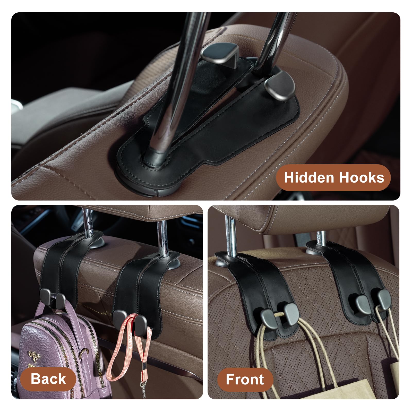 CoBak Purse Hook for Car - Universal Premium Stitched Leather and Aluminum-Magnesium Alloy Double Car Seat Back Storage — view 5