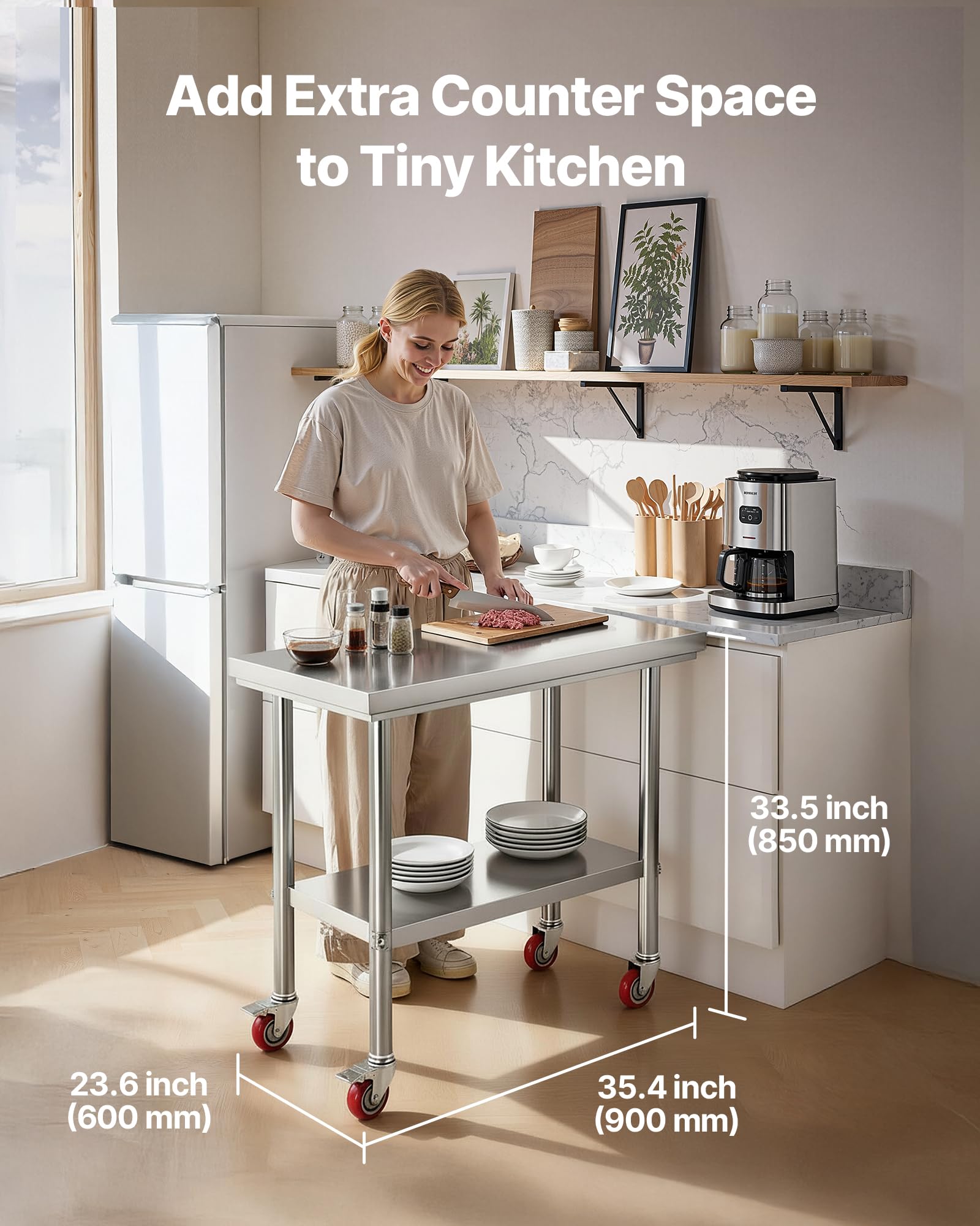 VEVOR Mesa de Trabajo de Acero Inoxidable, Mesa de Preparación con 4 Ruedas, Estantería de Trabajo de Preparación de Alimentos con Estantes Ajustables para Cocina, Garaje, Taller, 90 x 60 x 85 cm
