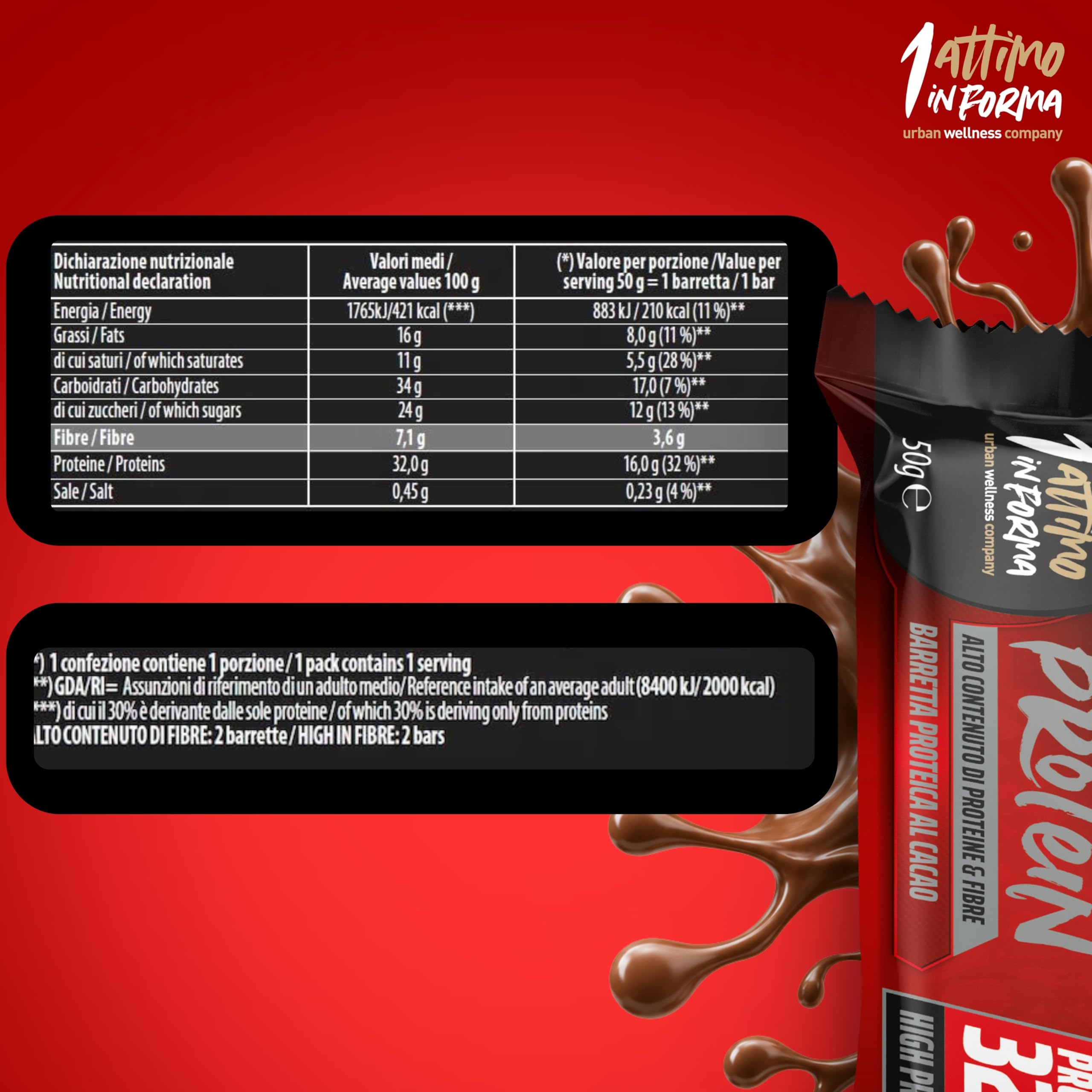 1 ATTIMO IN FORMA Barrette Proteiche 32% Protein Barretta Proteica set 24x50g con Crema di Cacao e Croccantini di Soia, Snack Proteico Fonte di Proteine e Fibre
