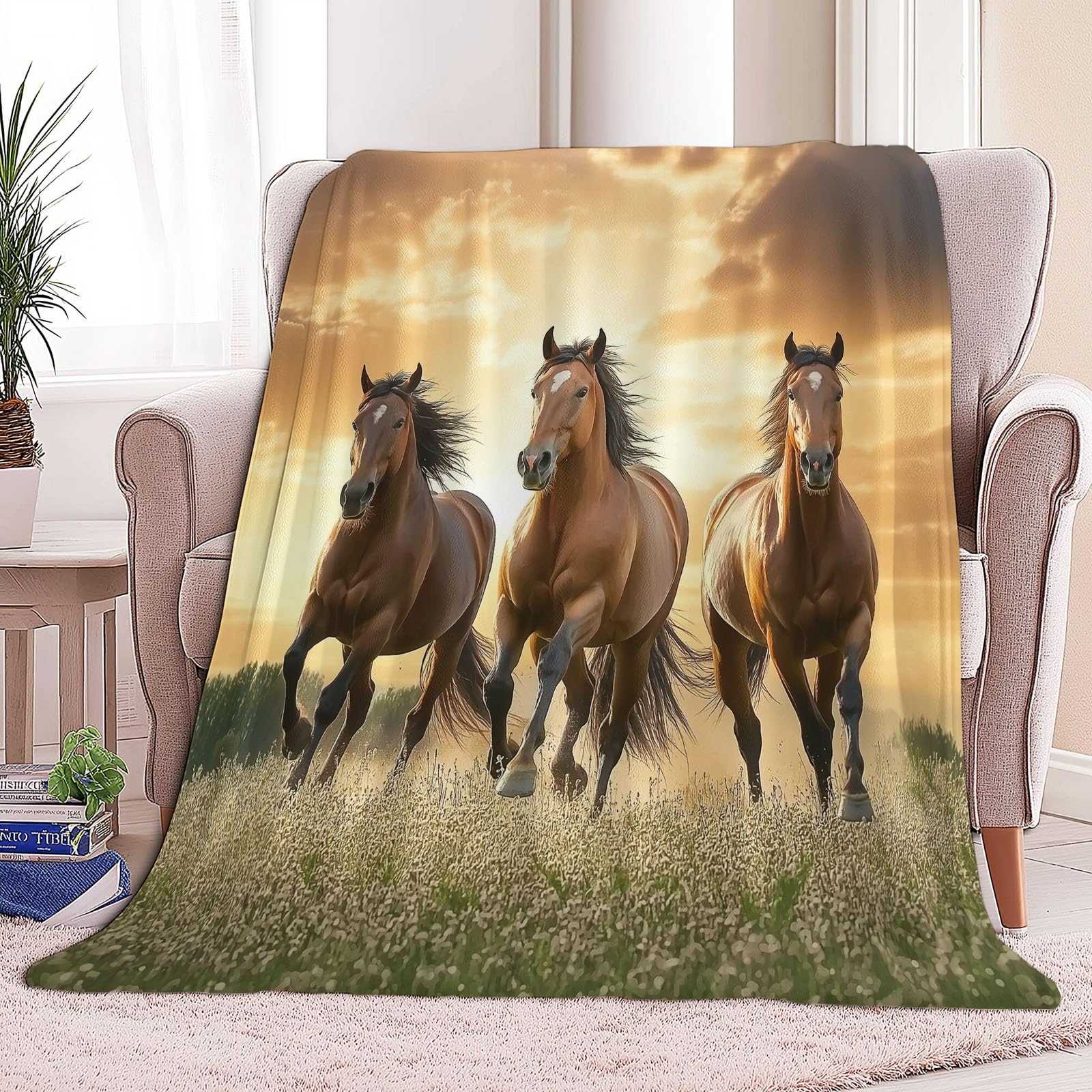 CozyRest Manta de Sofá y Cama de Felpa Súper Suave, Caballo Marrón de la Pradera Fotografía Natural 220 x 240 cm - Ideal para Hogar y Decoración