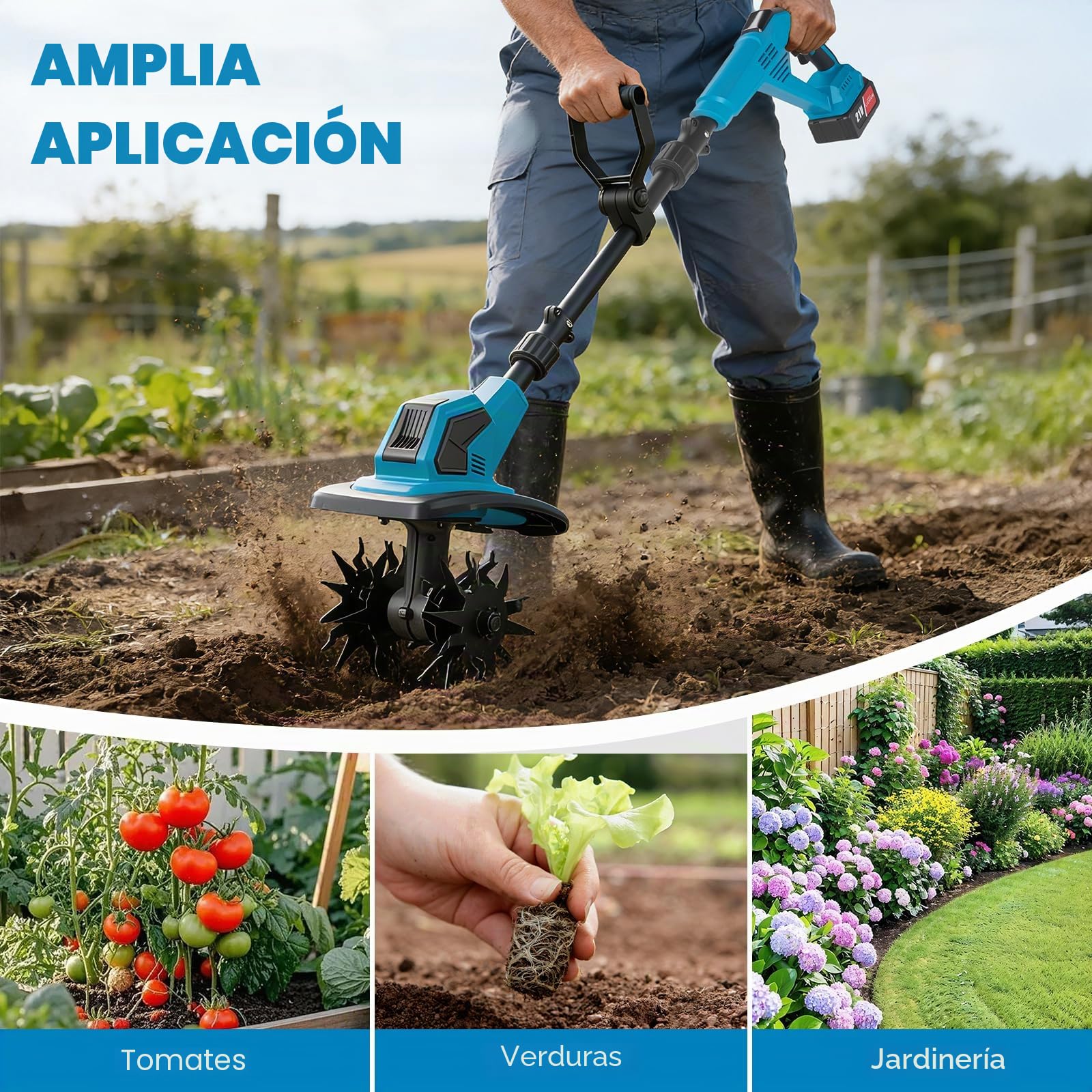 Motoazada Eléctrica Cultivador 2 en 1 con Batería, Micro Rotavator Portátil para Hogar y Jardín, Profundidad Ajustable 17cm, Ancho de Trabajo 23cm, Interruptor de Seguridad
