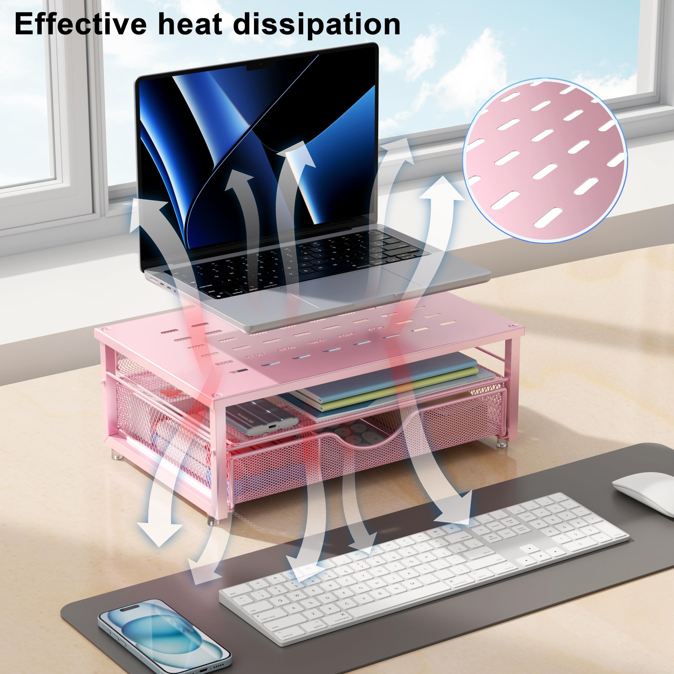 Support pour écran d'ordinateur, organiseur de bureau et accessoires avec tiroir, accessoires de bureau et espace de travail pour imprimante (rose)