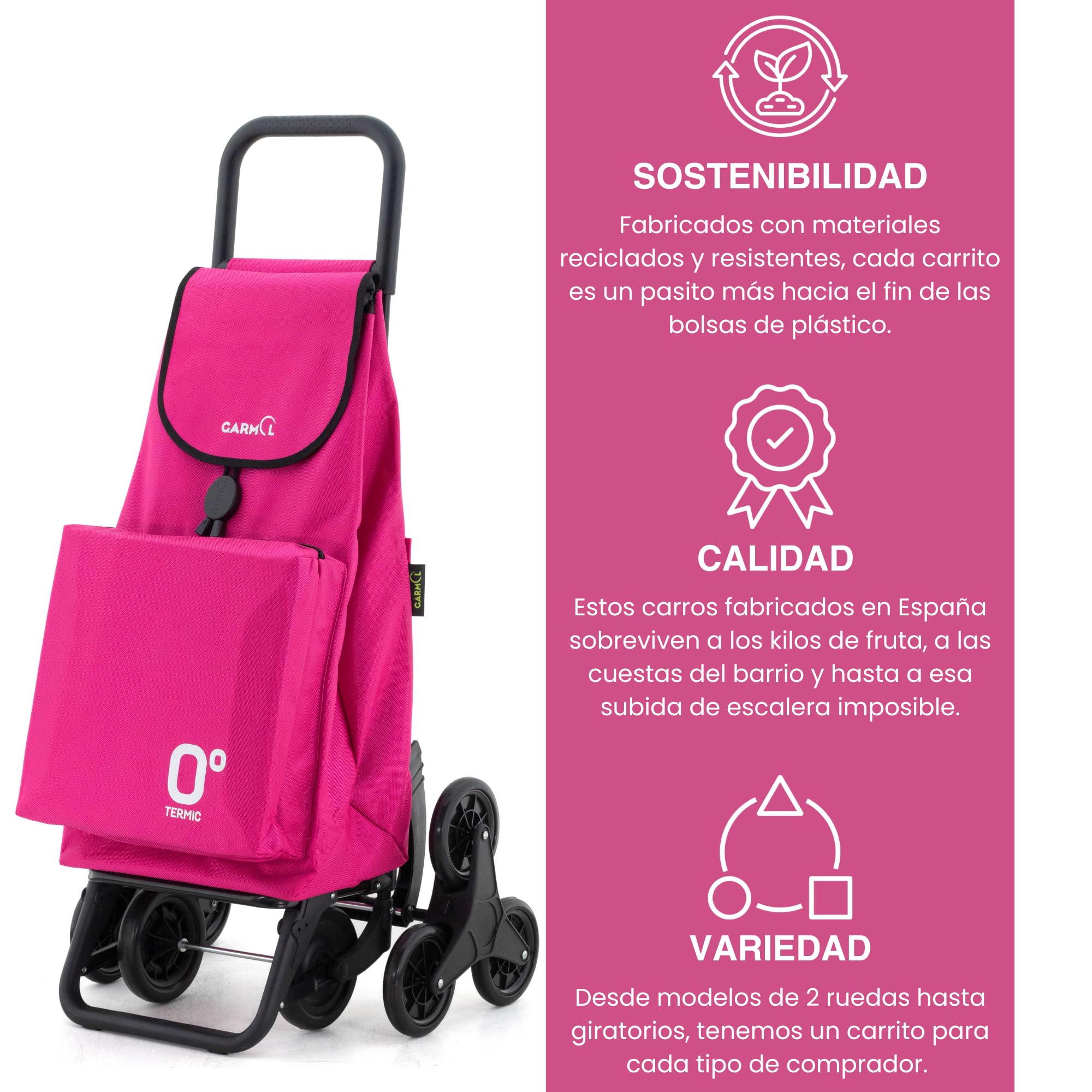 GARMOL Carro de la Compra Térmico Plegable 55L con Bolsillo Interior 11L | 4 Ruedas (2 Fijas + 2 Giratorias) | Color Fucsia