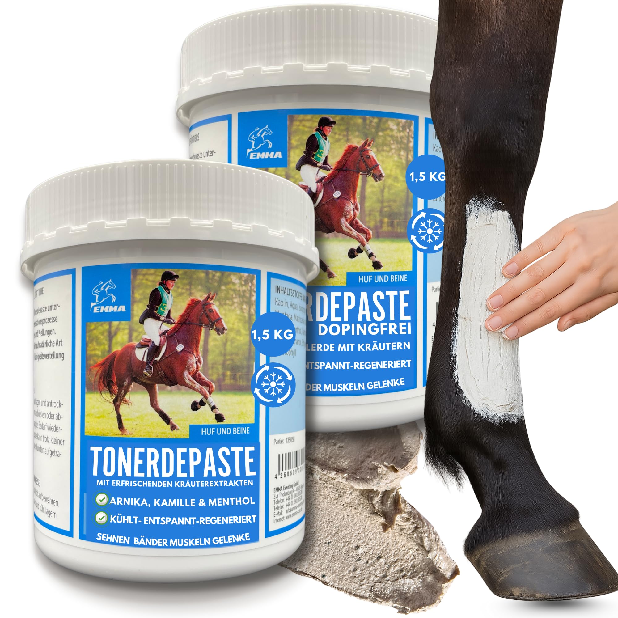 Emma Argile pour Chevaux – Set 2×1,5 kg | Pâte d’Argile Refroidissante pour Tendons & Articulations | 1× avec Arnica + 1× Pure sans additifs | Soulagement Jambes, Muscles & Seines