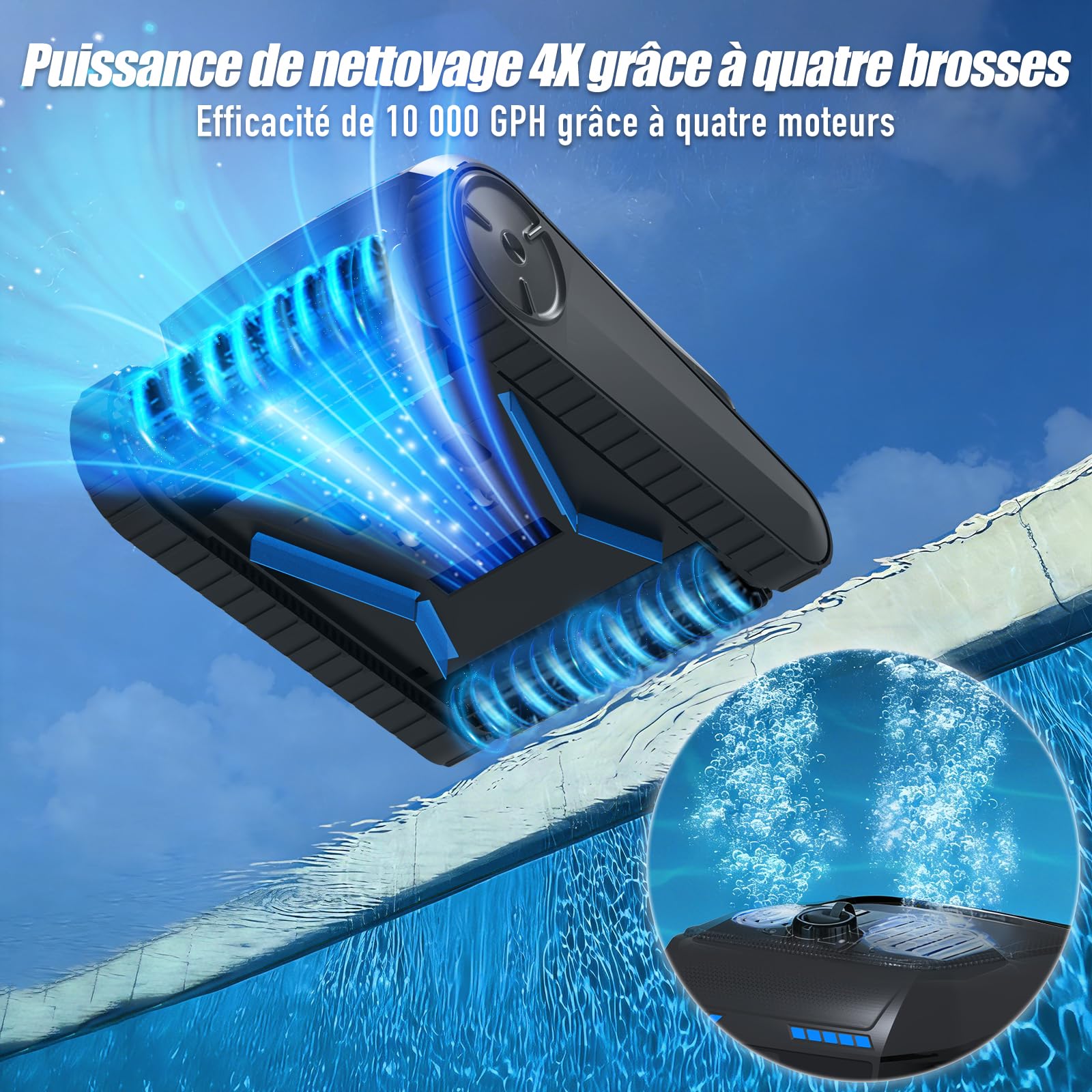 Robot de Piscine sans Fil à Batterie, détection ultrasons, Navigation Intelligente, Nettoyage Fond, parois & Ligne d’Eau (PC200) (Noir Pur)