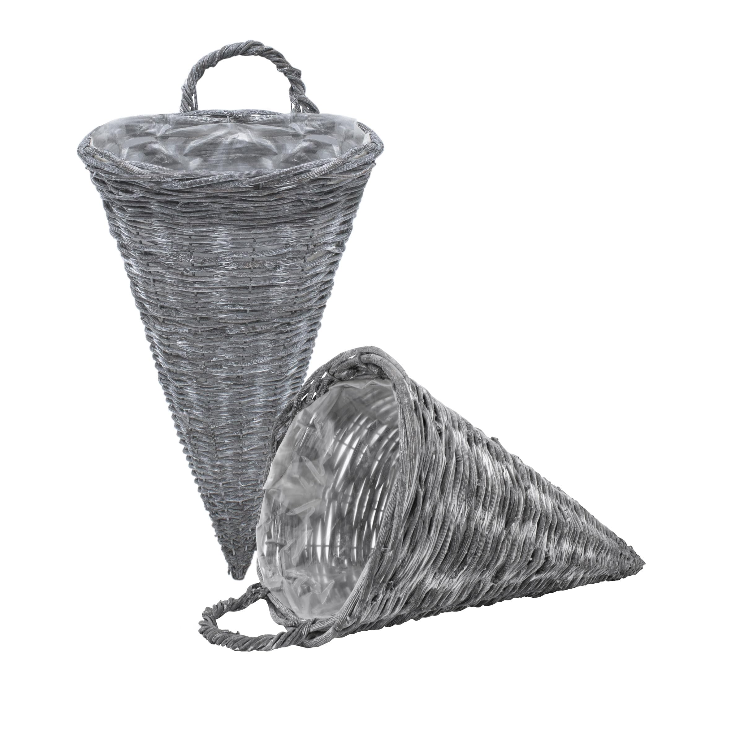 Macetero colgante de pared, Maceta, 41 x 24 cm, color gris, juego de 2 unidades, ratán para interior y exterior, decoración de jardín natural, cono, pirámide con lámina para colgar