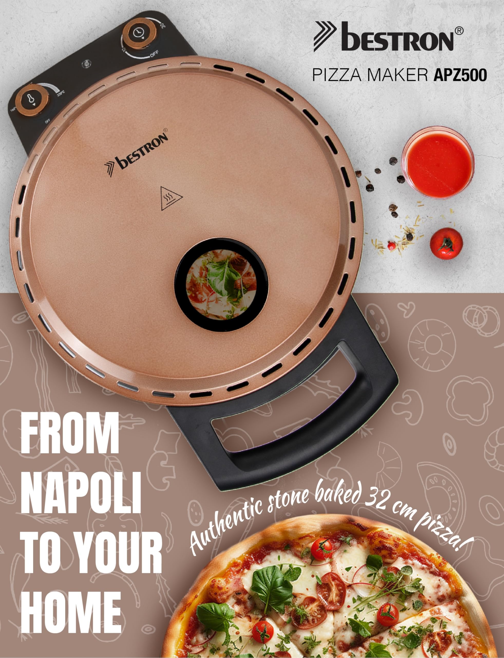 Bestron Horno de pizza, para pizzas crujientes en 5-10 minutos, horno de pizza eléctrico con una temperatura de 320 °C, incluyendo piedra refractaria y 2 grandes espátulas de madera, color: Cobre