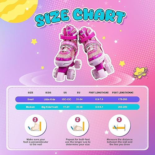 Vista 6 de Patines de ruedas para niños y niñas, 4 tamaños ajustables de 3 a 5 a 8, 6 a 12 años, patines cuádruples con ruedas iluminadas para principiantes