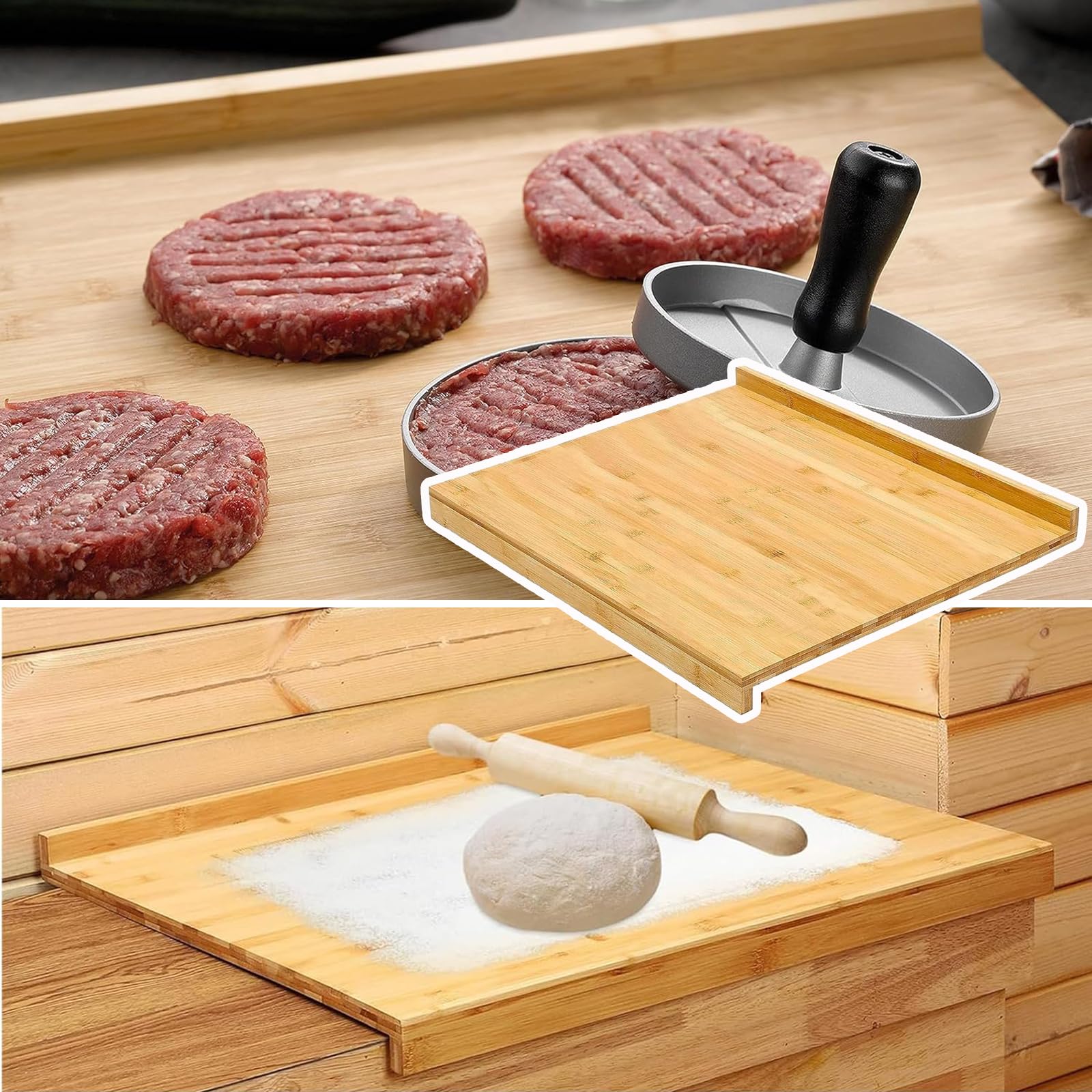 Bambus 50 x 41 cm – dwustronna deska do ugniatania ciasta, cięcia, pieczenia, blatu kuchennego, uniwersalna mata do pieczenia z ogranicznikiem krawędzi