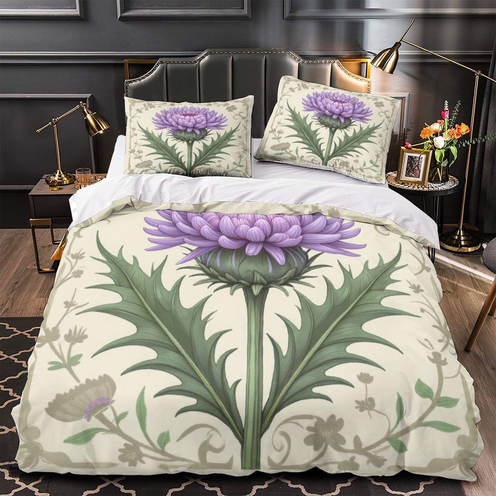 Housse de couette violette 140x200 art floral en microfibre