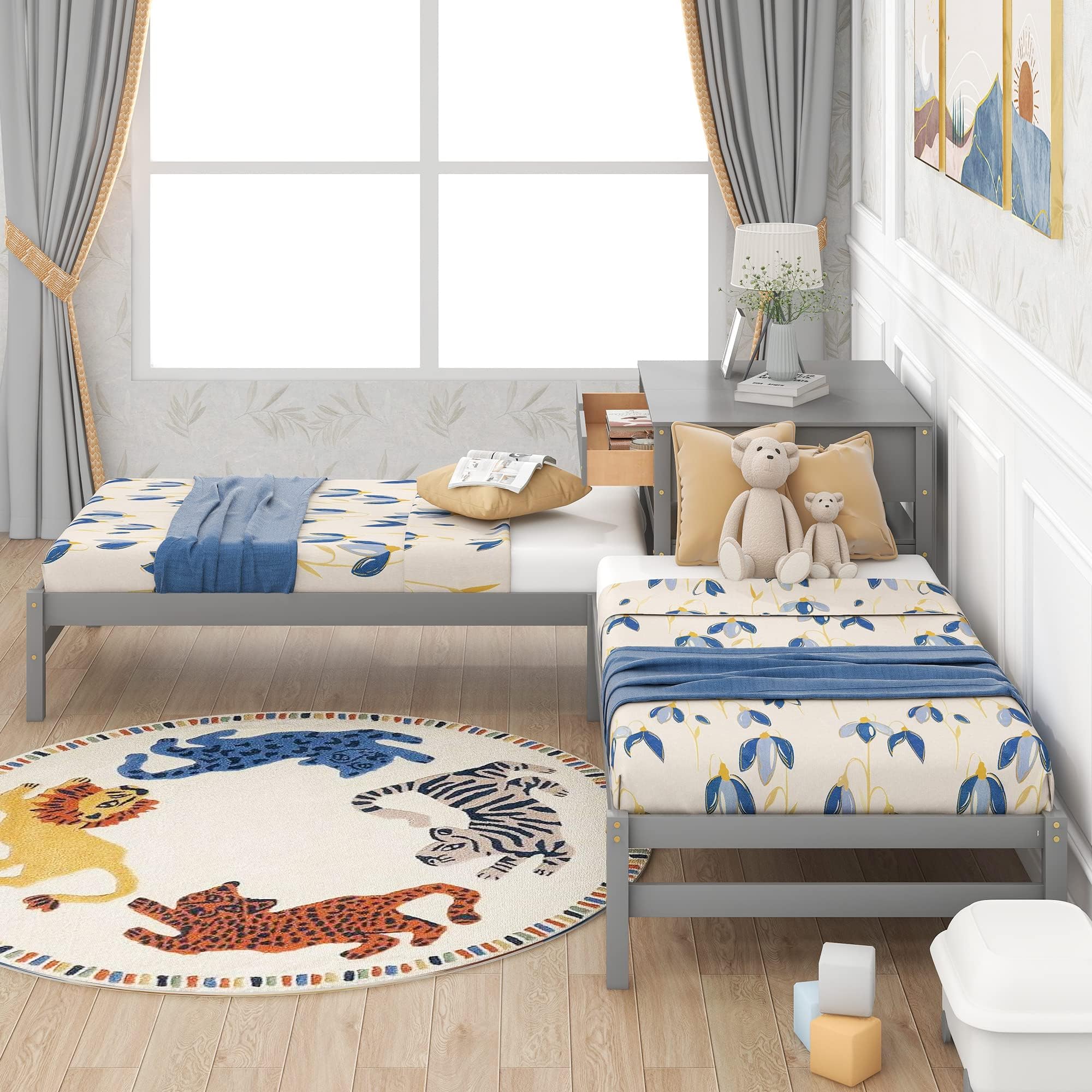 SOFTSEA Twin L-Shaped Beds, Corner Platform Beds with Built-in Table for 2 Kids