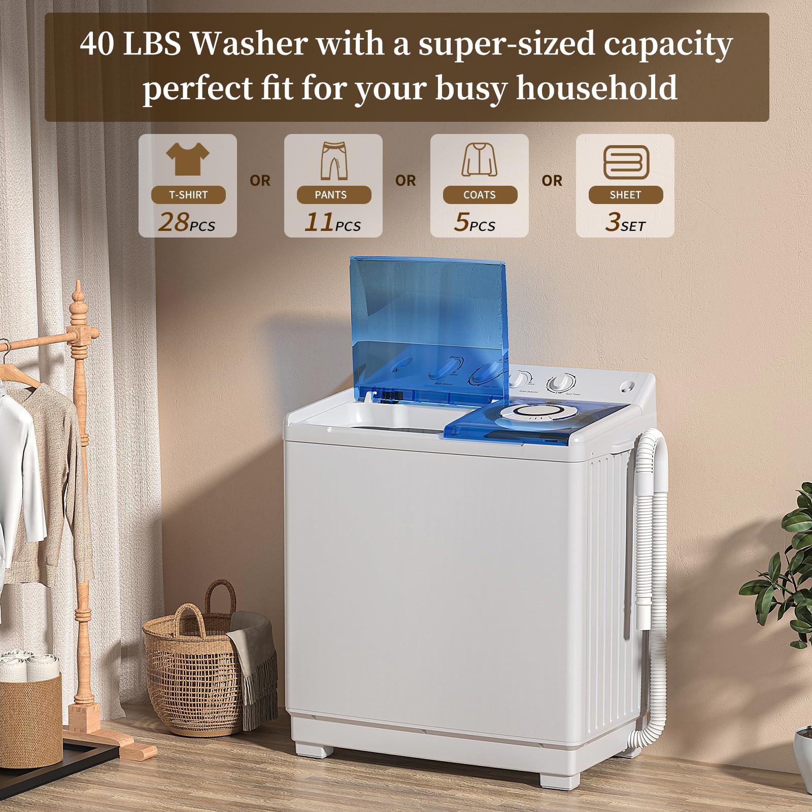 VCJ Portable Washing Machine, Twin Tub Washing Machine Laundry Compact Washer spinner Combo with 20lbs capacity, 12Lbs Washer and 8Lbs Spinner dryer for Apartments RVs and Dorms
