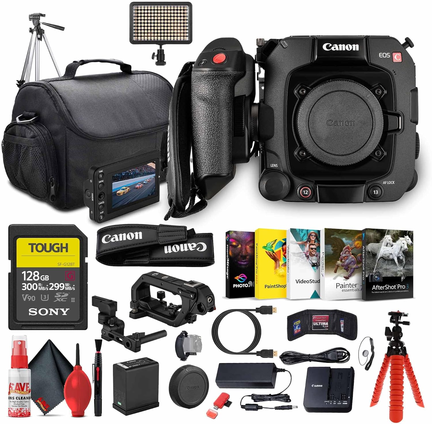 Canon EOS C400 6K Full-Frame Professional Cinema Camera (6388C002) | Triple Base ISO, Dual Pixel CMOS AF II, RF Mount | 2 x 128GB Memory Card + LED Light + Tripod + Photo Software + More