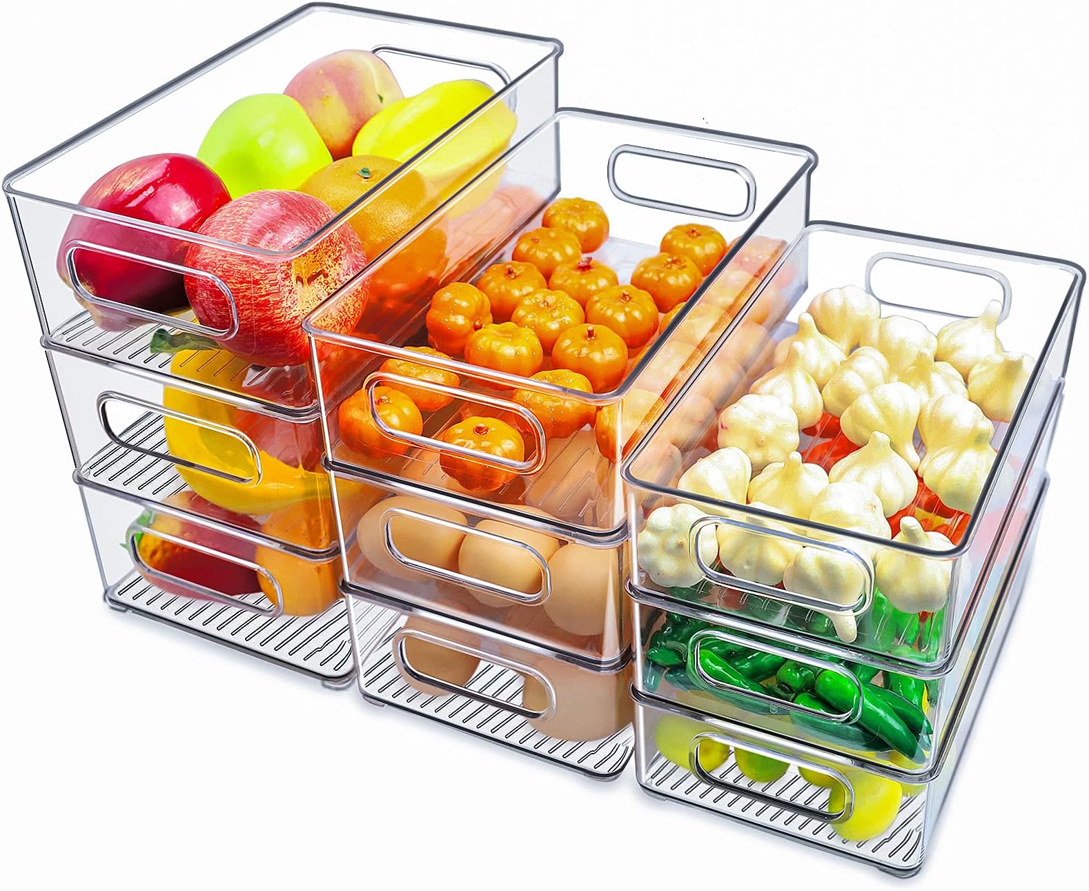 Stackable Refrigerator Organizer Bins, Fridge Clear Bins With Handles Kitchen Organizer Container for Freezer, Pantry, Cabinets, Drawer, Shelves, Plastic Storage Bins 9 Pack
