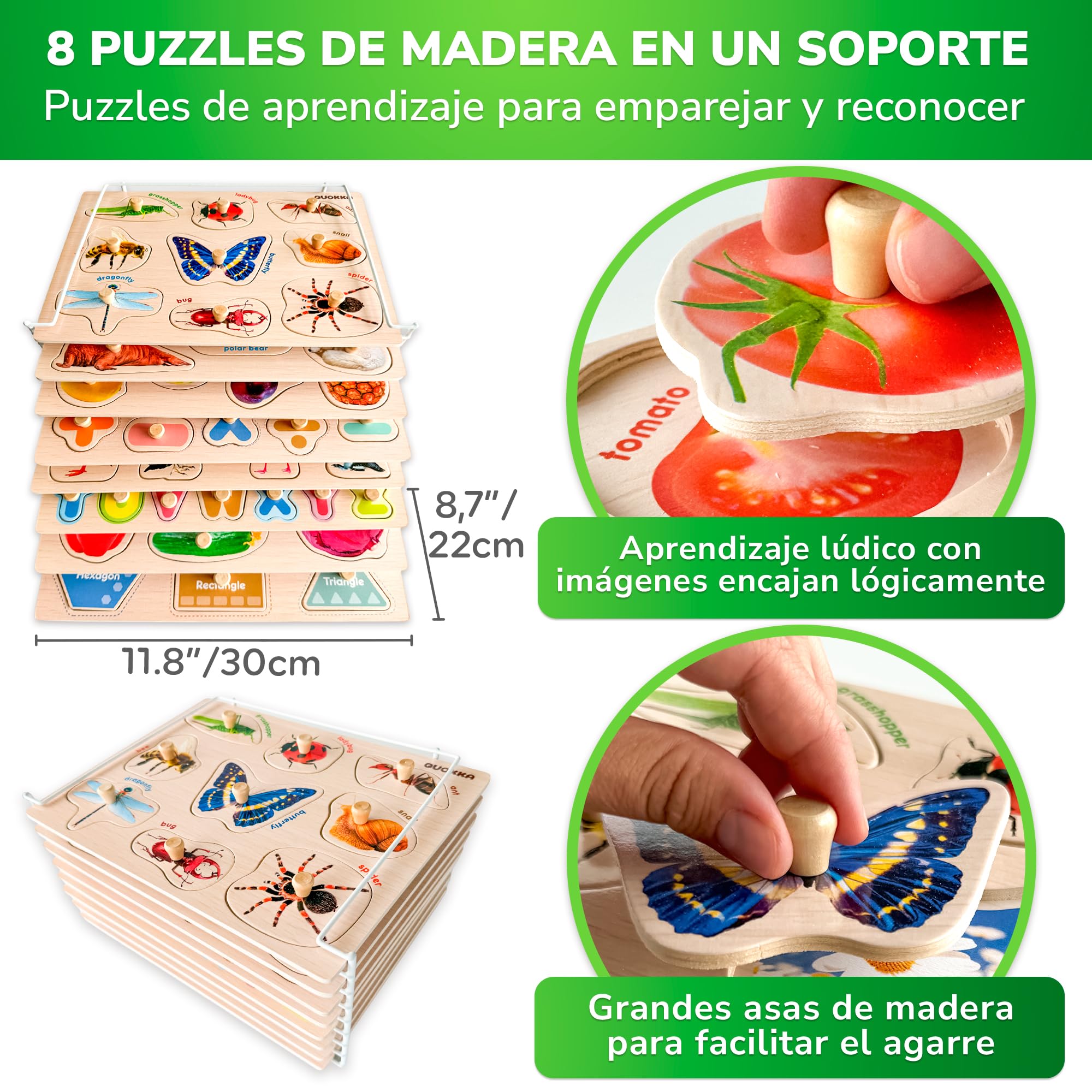 Puzzle Madera Niños 1-2 Años - 8 Juegos Montessori de Madera 2-3 Años | ABC Realista Puzzle Bebe - Juguete Rompecabezas Madera - Regalo Educativo Infantil de 2 a 5