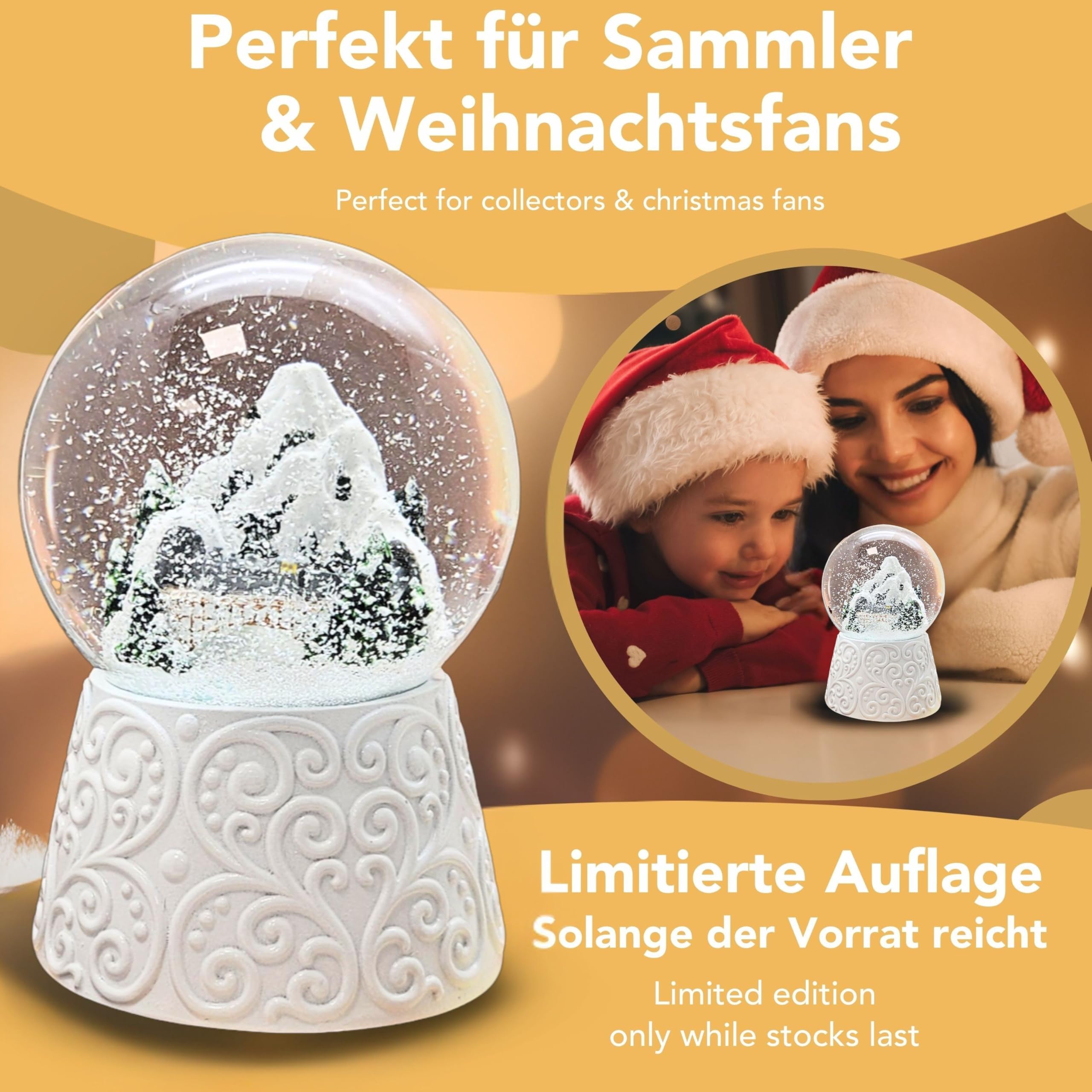 Weihnachts-Schneekugel mit Musik | Berglandschaft mit Brücke | Sockel weiß Ornament | 100mm breit, 140mm hoch | mechanische Spieluhr | Weihnachtsdekoration | 20292