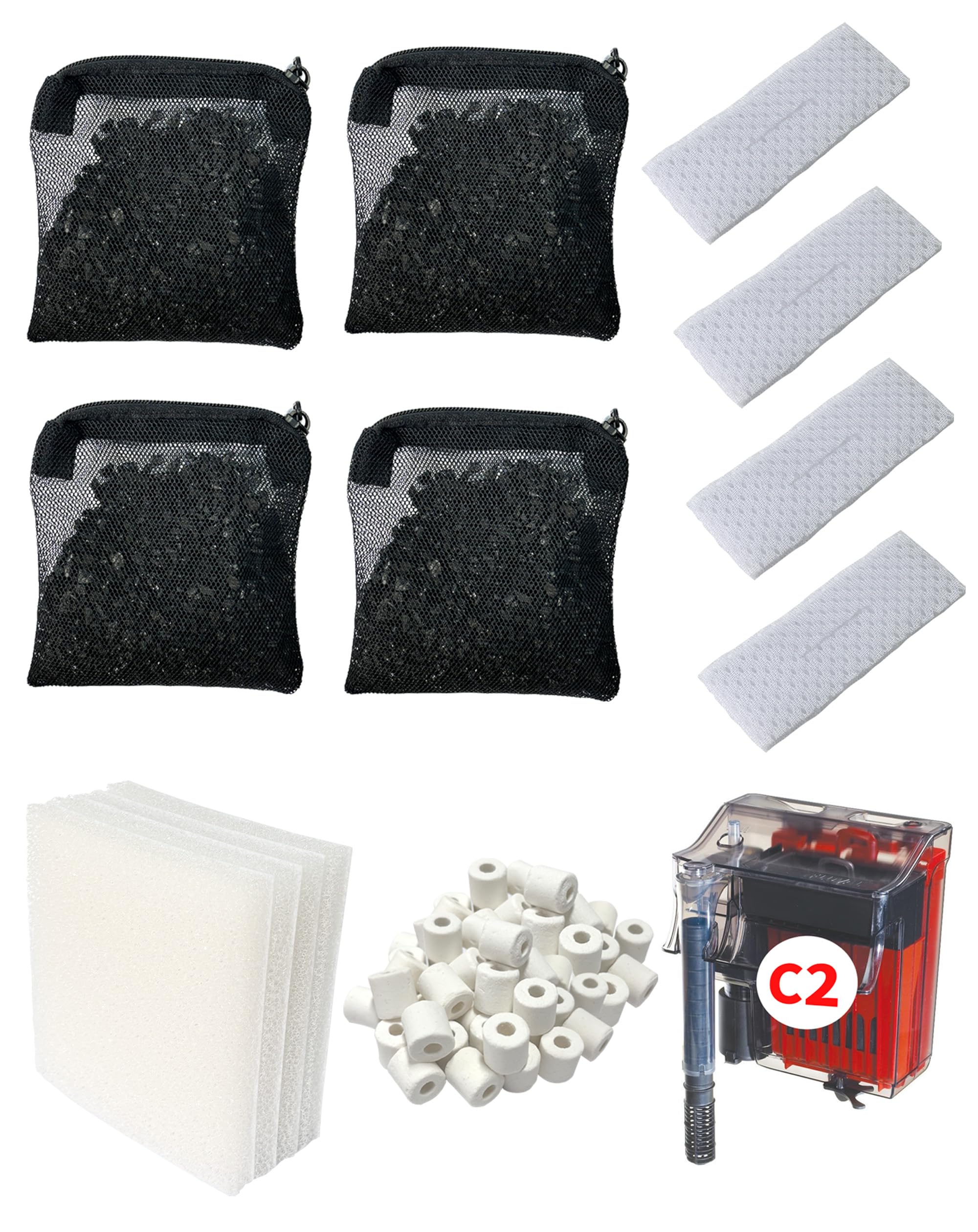 12 confezioni di filtri per acquario compatibili con Fluval C2 (30 Gal) 5 stadi Clip-on Power Filter, adatto per acquari d'acqua dolce e salata, fornisce filtrazione chimica, meccanica e biologica