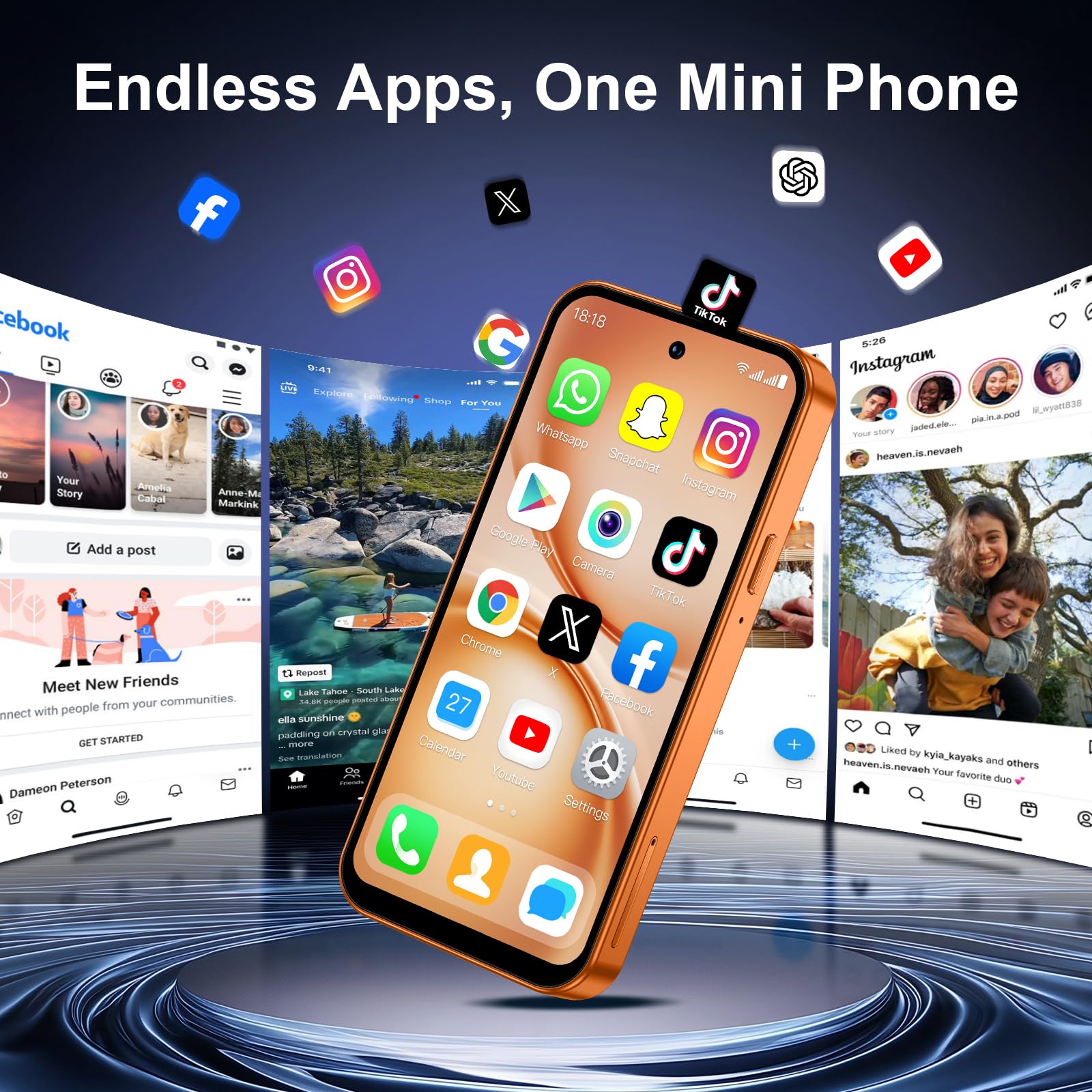 4.5'' Mini Phone 64GB Unlocked 4G Mobile Smartphone with 2000mAh Battery Compact Backup Mini Phone for Kids & Students Dual SIM Face ID Orange | 4.5'' HD Screen — view 3