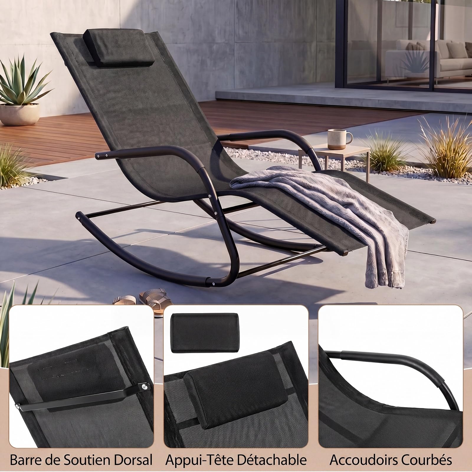COSTWAY Fauteuil a Bascule Exterieur Interieur, Rocking Chair en Métal, Appui-Tête Amovible, Tissu Respirant, Chaise Longue à Bascule pour Jardin Balcon Salon, Charge 160KG, 148 x 63 x 86 cm (Noir)