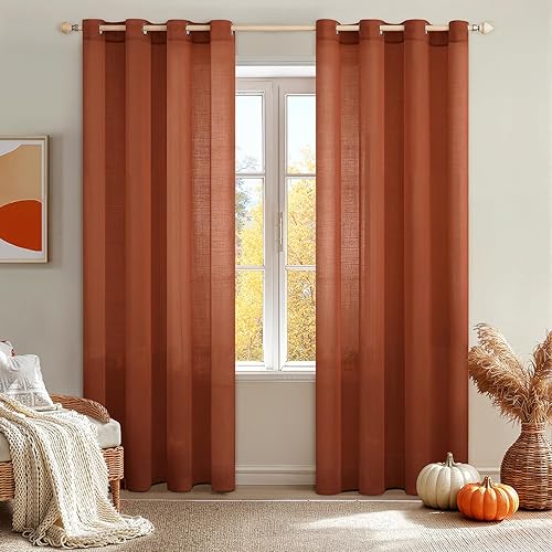 MIULEE 2 paneles de lino traslúcido de 84 pulgadas de largo, color naranja quemado, elegantes cortinas de otoño con ojales en la parte superior,