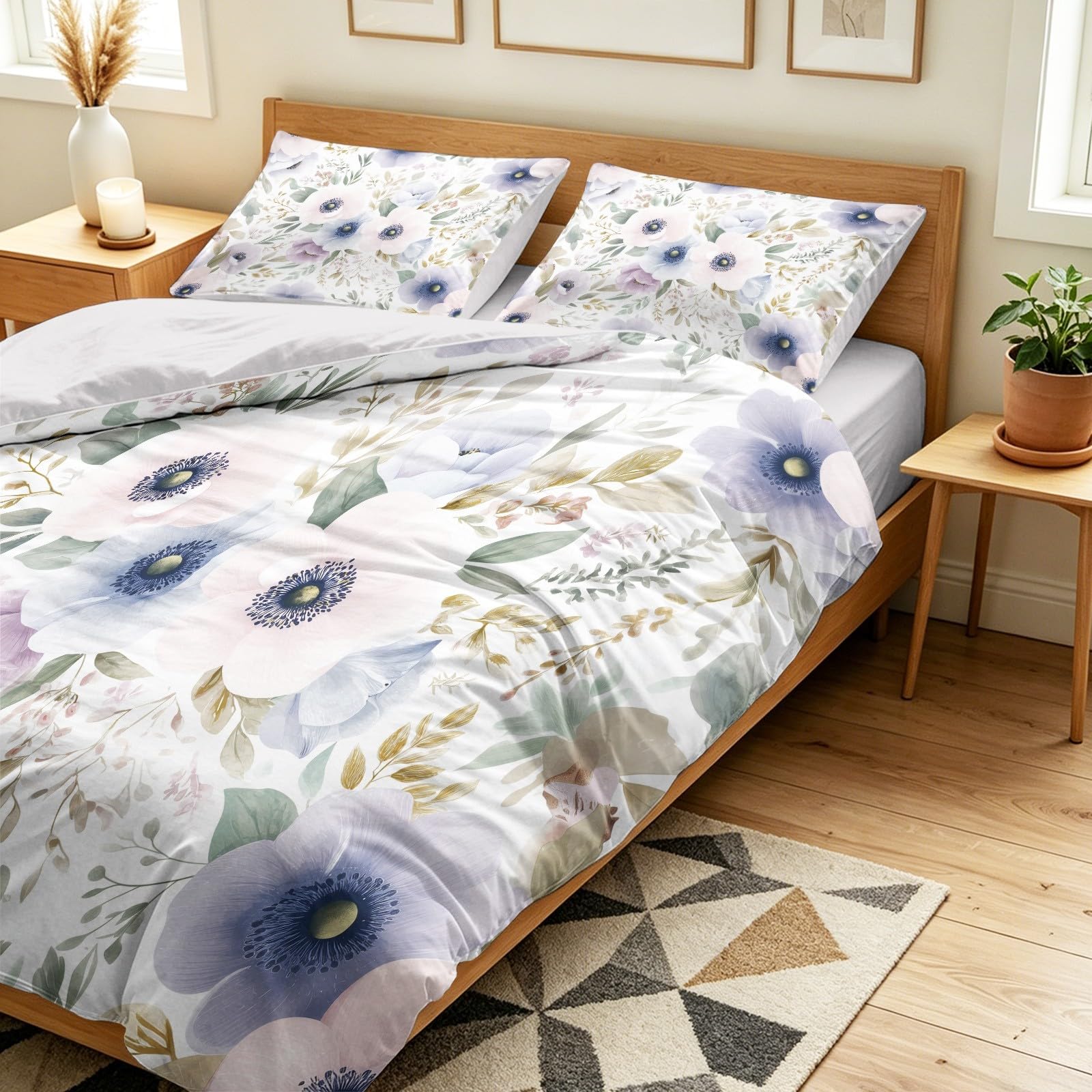 Générique Akwarela kwiatowy jasnoniebieski poszwa na kołdrę, 200 x 200 cm 2-osobowy prześcieradło z gumką, botaniczny miękki świeży zestaw pościeli 4-częściowy z 2 poszewkami na poduszki