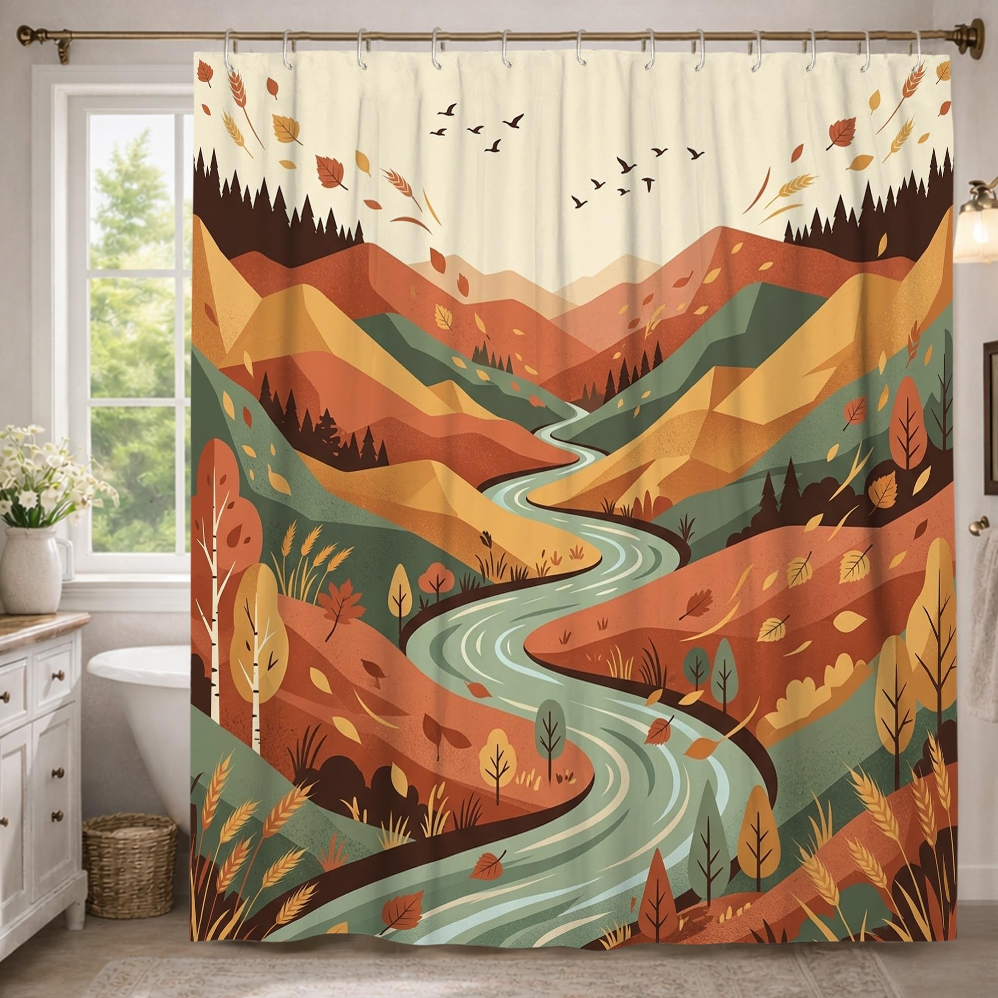 Rideau de douche motif rivière automnale pour dortoir et salle de bain
