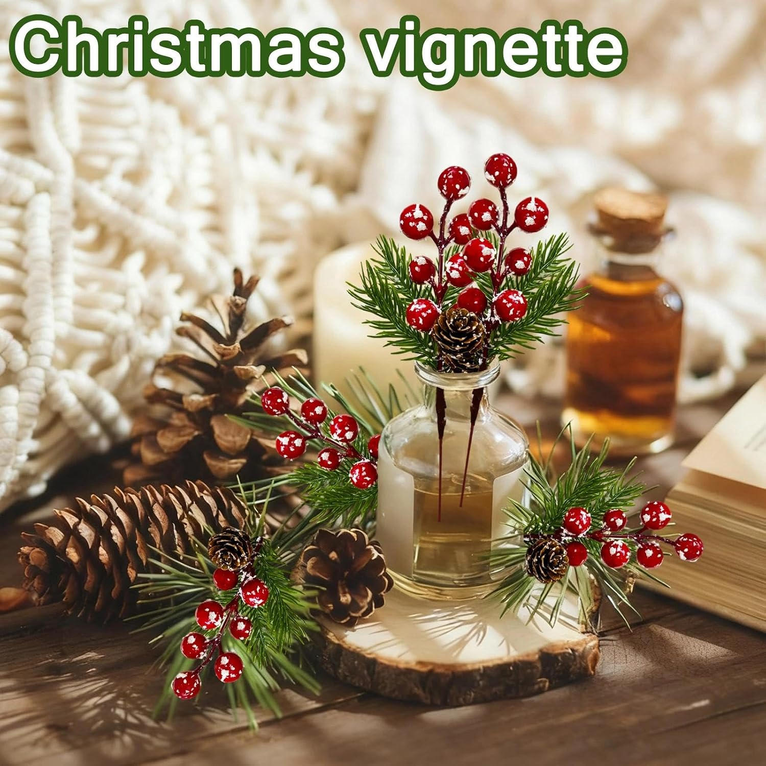 20 PCS Red Berry Pine Cones - Artificial Pine Branches Holly Stems Evergreen Christmas Berries Picks, Decoration for Xmas DIY Crafts Wreath Garland Winter Holiday Décor