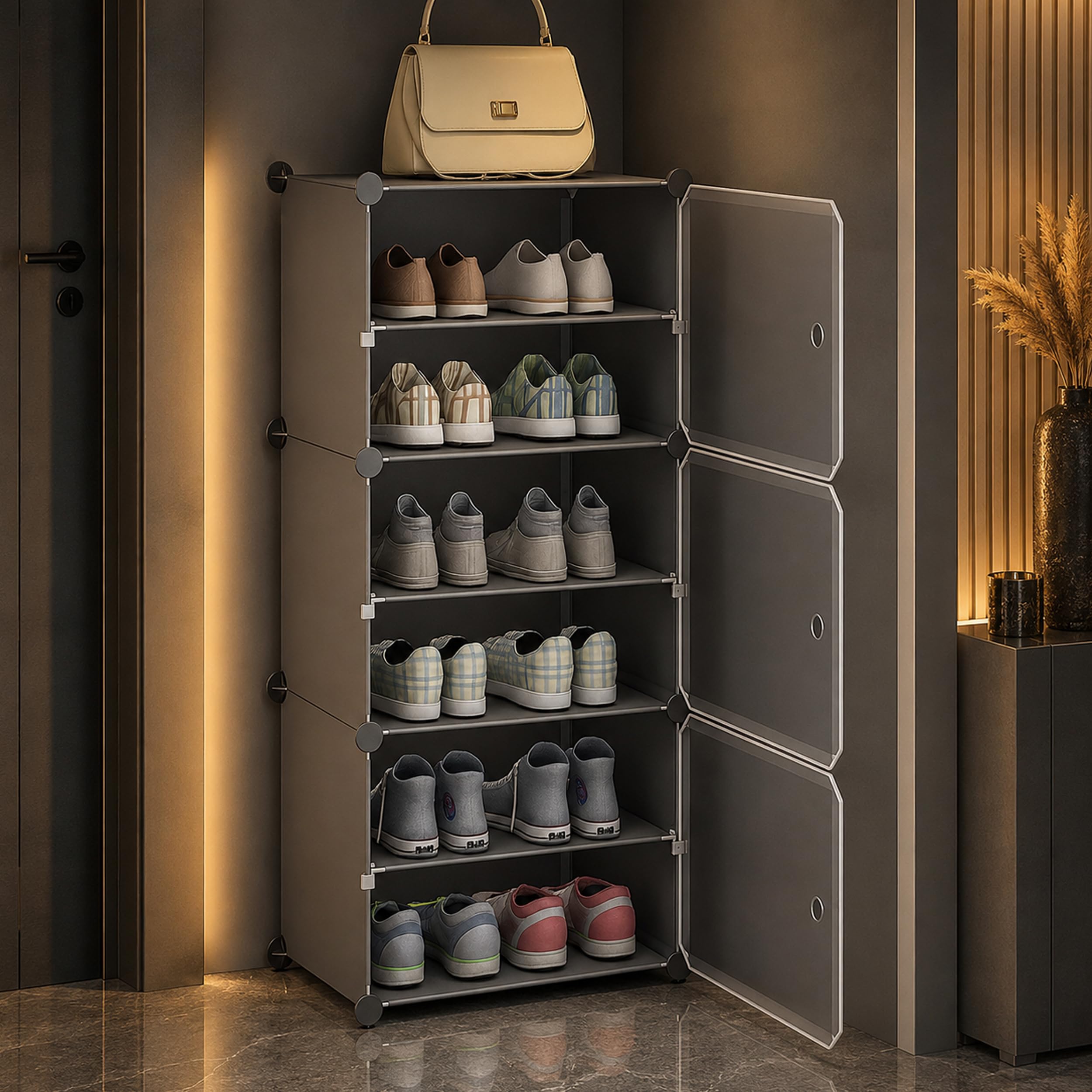 AYSIS Premium Foldable Plastic Shoe Rack for Home, 𝟑 𝐃𝐨𝐨𝐫 𝟔 𝐒𝐡𝐞𝐥𝐟 Shoe Cabinet, Dustproof & Waterproof Organizer, Portable Space Saving Storage for Entryway, Bedroom & Living Room, Grey