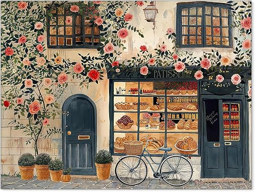 FuSatisYilife Arte de pared de café a la moda, póster de comida de pastelería francesa, impresión de lienzo estético de flores vintage para