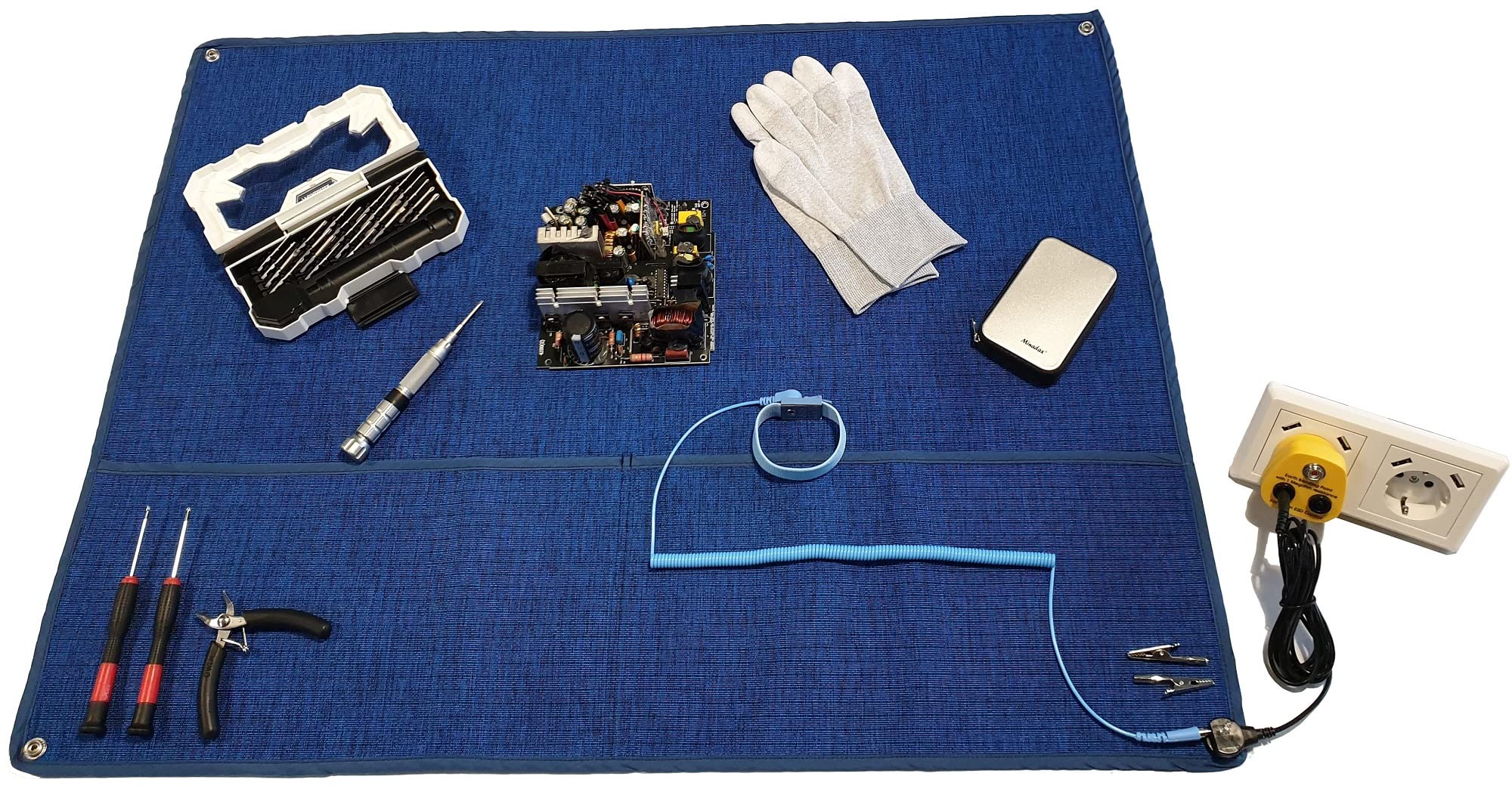 alfombrilla de trabajo antiestática de 60 x 80 cm, tejido ESD antiestático, textil de alta tecnología, sin silicona, juego de manguitos ESD de 2,4 m, enchufe de toma de tierra y guantes ESD