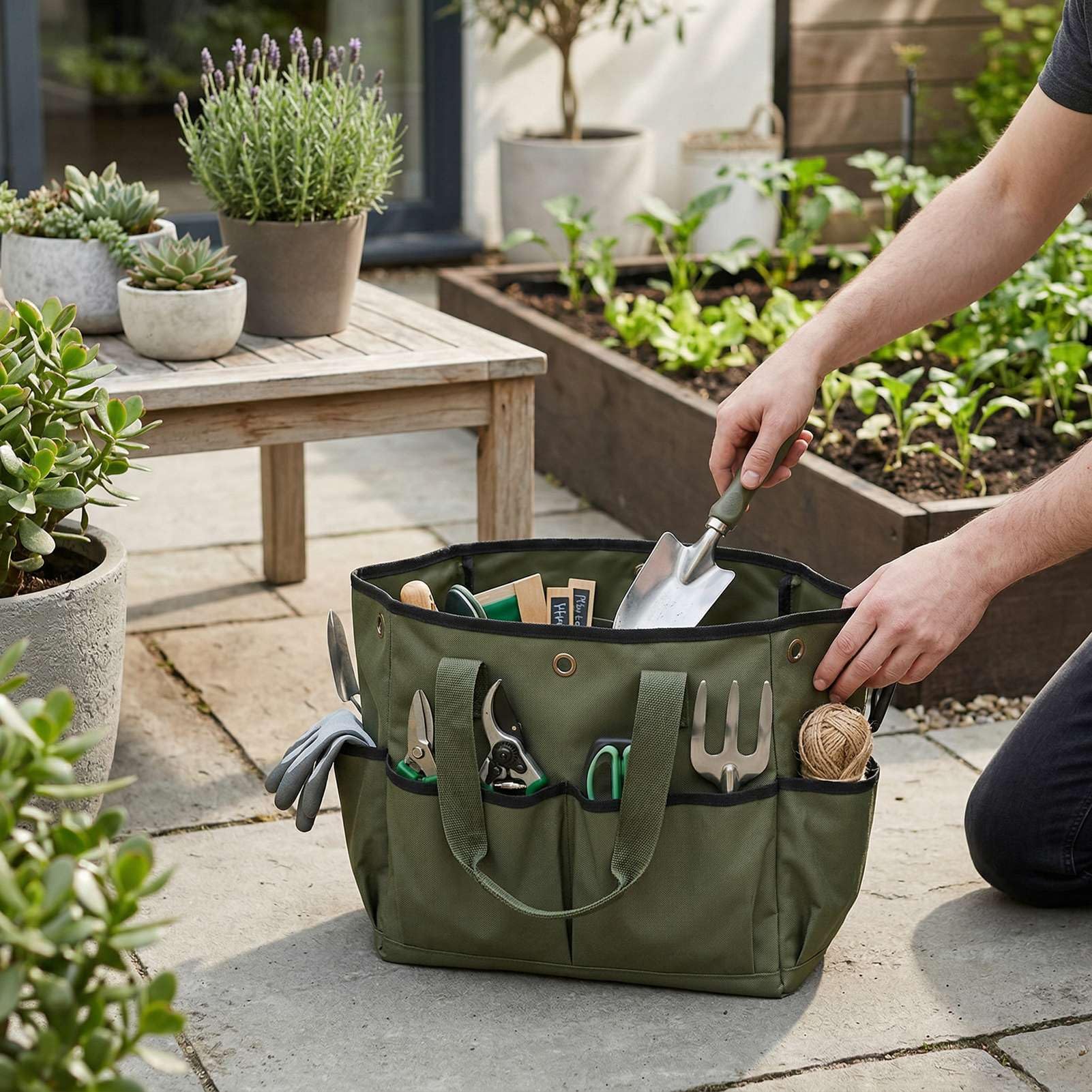 Organizador de Bolsa de Herramientas de Jardín, Tela Oxford 600D, 11 Bolsillos, Base Reforzada Plegable, Organizador de Almacenamiento de Herramientas de Jardín con Delantal y Tapete para el