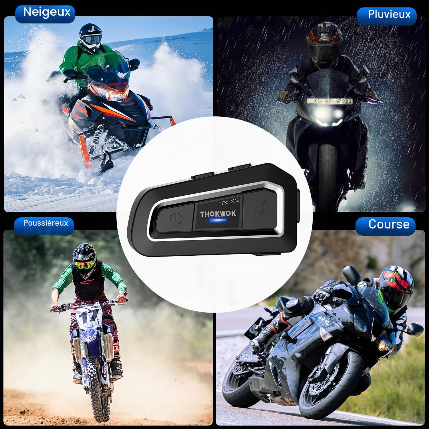 Intercom Moto Duo pour 2 Casques TK-X2 Ecouteur Bluetooth pour Casque Moto, 1000M Kit Main Libre Oreillette Bluetooth, Communication Système pour Motocross/ATV/Motoneige/Vélo(2 Pièce)