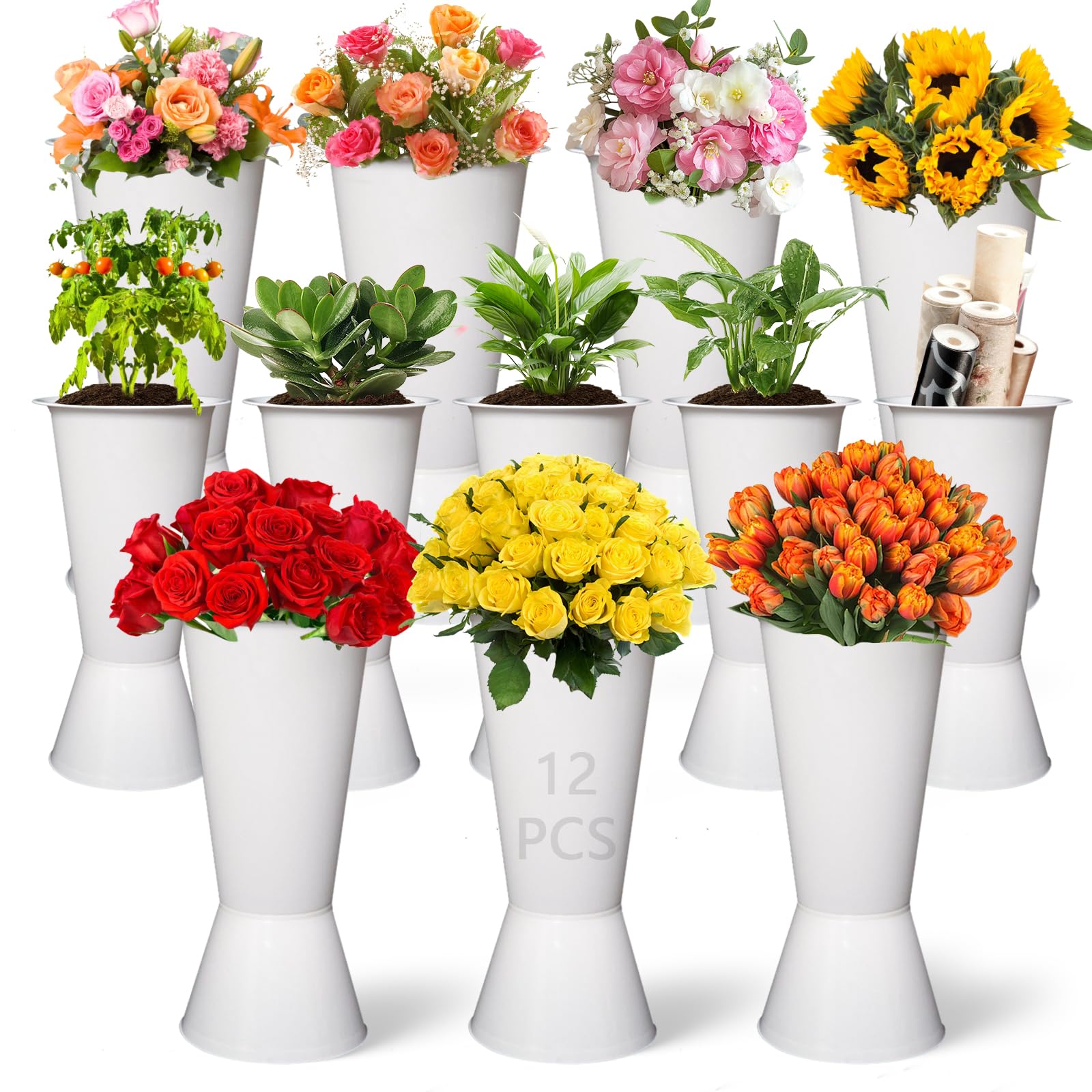 12 PCS Flower Buckets for Flower Display Stand 15 Inch Tall Cut Flower Bucket Plastic Flower Buckets for Flower Bar Patio Garden Florist Wedding