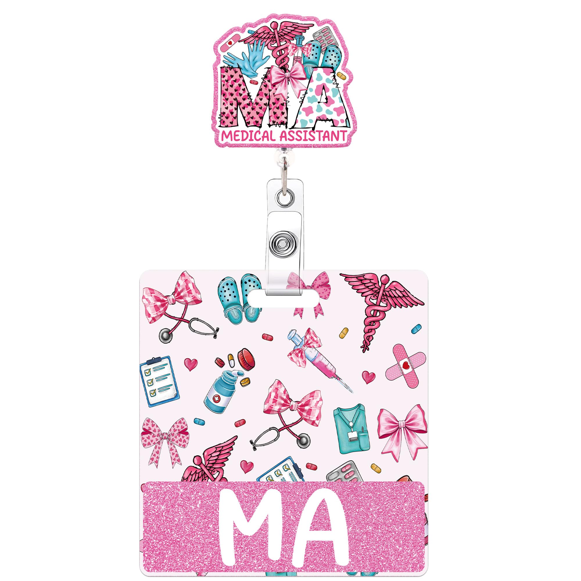 Medical Assistant Badge Reel and Buddy, Pink Bow Retractable ID Holder with Swivel Clip and MA Badge Buddy, Gifts for Medical Assistant