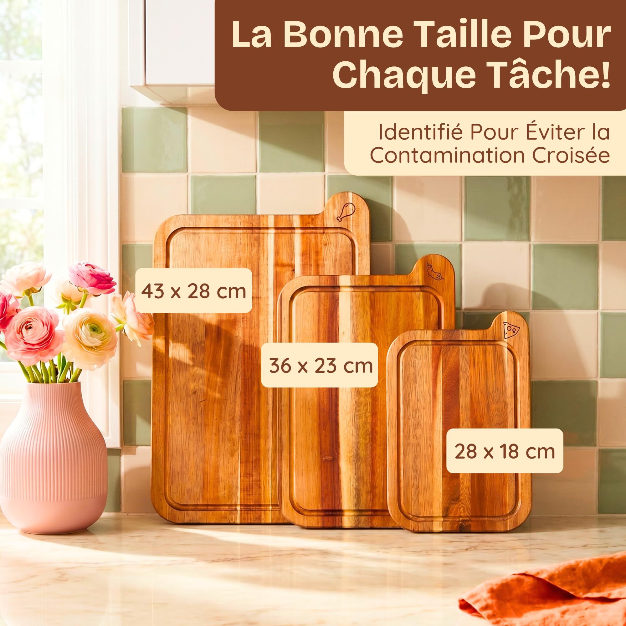 Planches à Découper Non Toxiques - Set Sans Huile Minérale, en Bois d'Acacia FSC - Ustensiles de Cuisine en Bois - Comprend 3 Planches à Découper. Par Ziruma