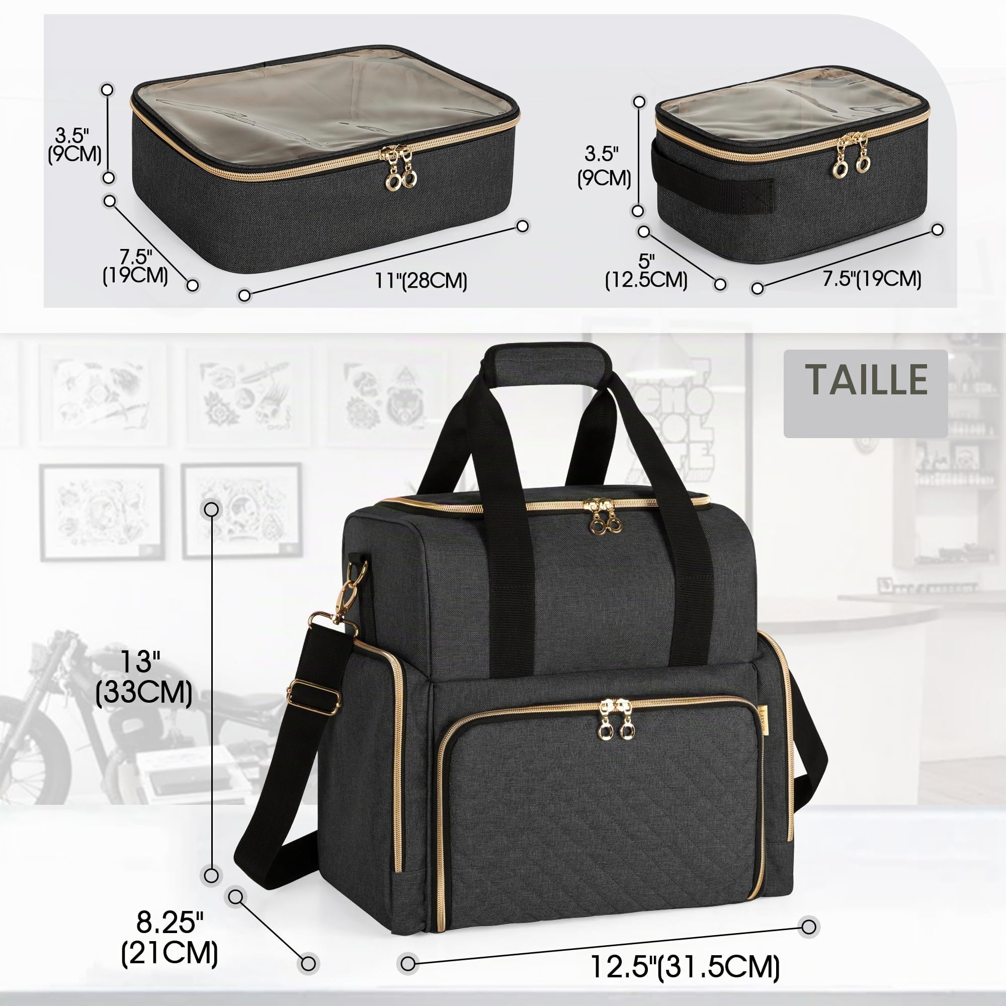 Luxja Grand Étui de Transport pour Tatouage avec 3 Pochettes Amovibles, Organisateur de Fournitures de Tatouage pour Imprimante de Pochoirs et Kit de Tatouage, Noir
