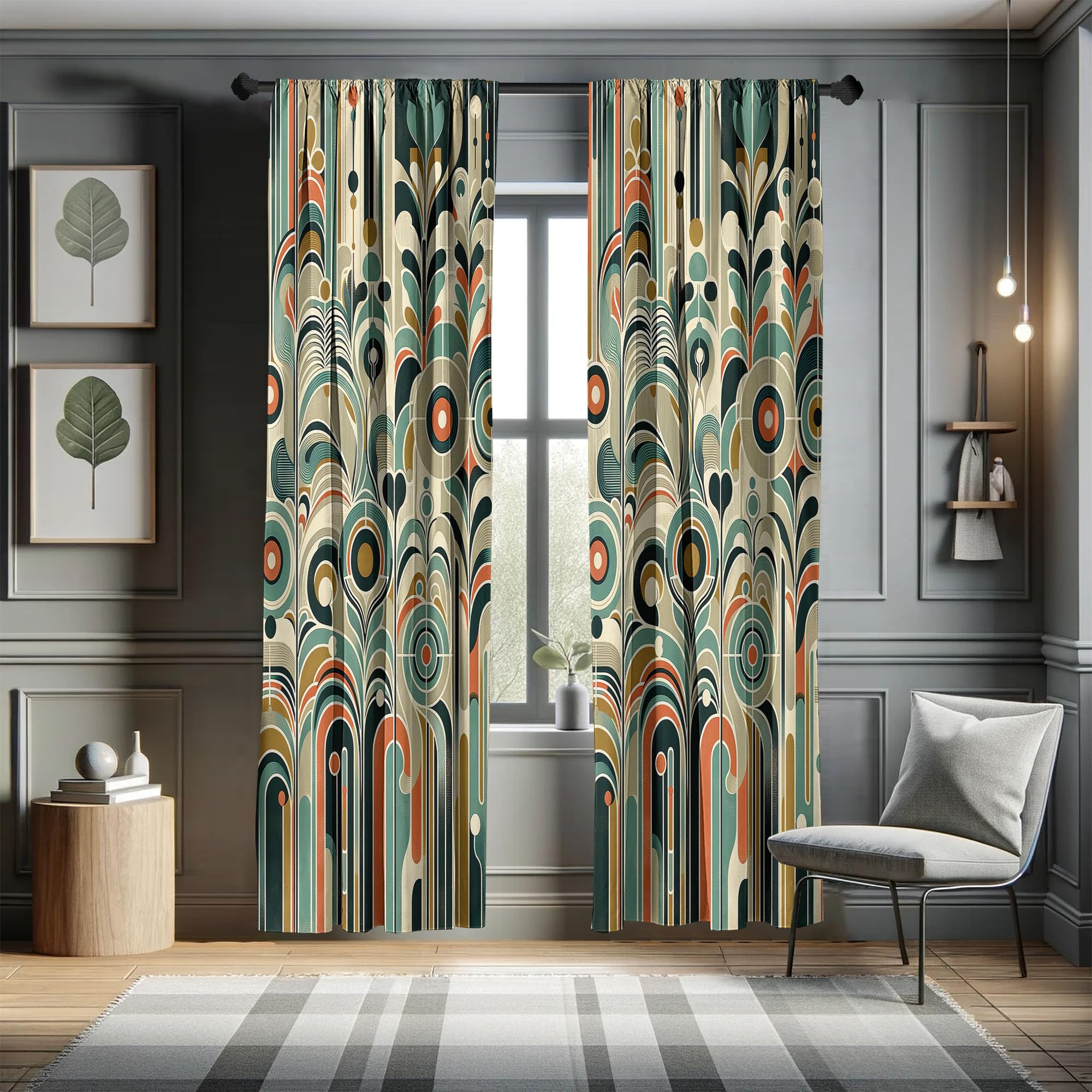 ABAKUHAUS Abstract Modern Curtains, Leafy Silhouettes with Roundy Shapes Jumble Geometric Scandi, Window Treatments 2 Panel Set for Living Room Bedroom, 150x245 cm, Cadet Blue Cinnamon Beige