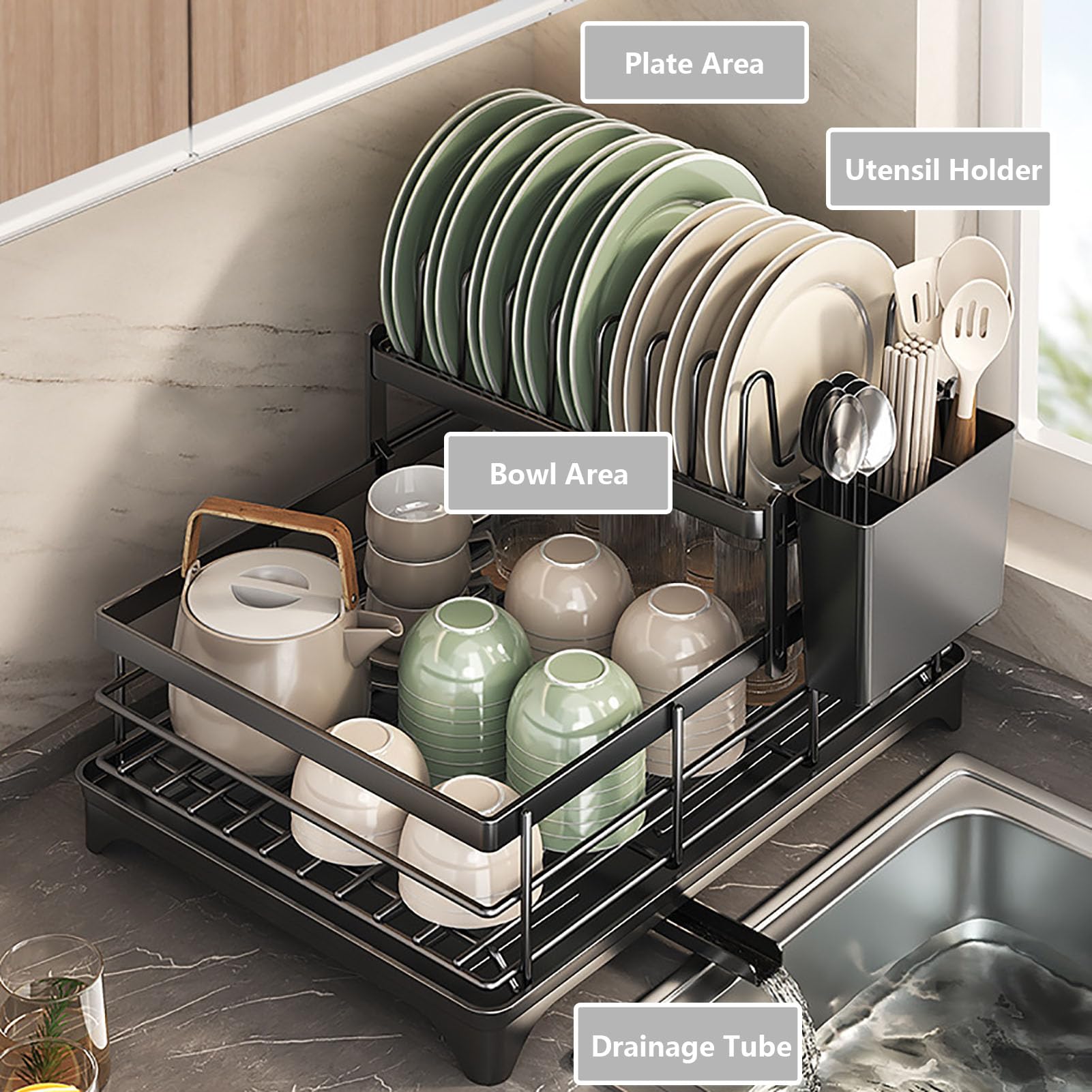 Abtropfgestell mit herausziehbarer Abtropfschale, Multi-Grid-Design, platzsparender Küchentheken-Organizer zum Trocknen von Haushaltsgeschirr, 1 Etage