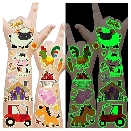 Miniatura 1 de Cerlaza Farm Animal Cumpleaños Suministros Decoraciones 117 Estilos Luminosos Tatuajes Temporales Tatuajes para Niños Caballos de Vaca Granja Animal