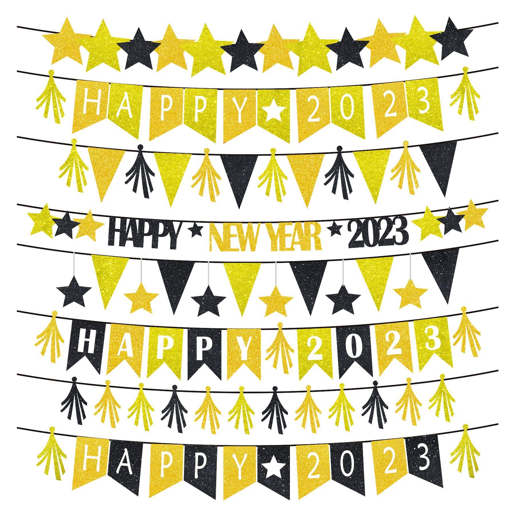 Silvester Party Deko Happy New Year Girlande Banner Gold Schwarz Buchstaben Stern Feuerwerk Glitzer Hängedeko Frohes neues Jahr Wimpelkette 2025 Neujahrsparty Dekor Zubehör für Wand Decken Türen