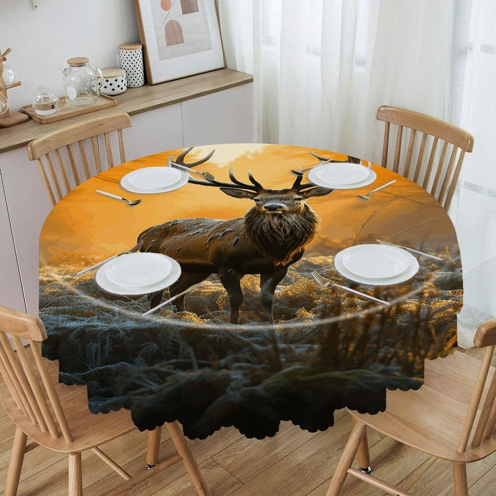 VstaDank Deer in Forest Round Tablecloth Premium Polyester Table Cloth Heavy Duty Washable Fabric Tablecloth Waterproof Holiday Table Cover Decorative Tablecloths for Dining 60"