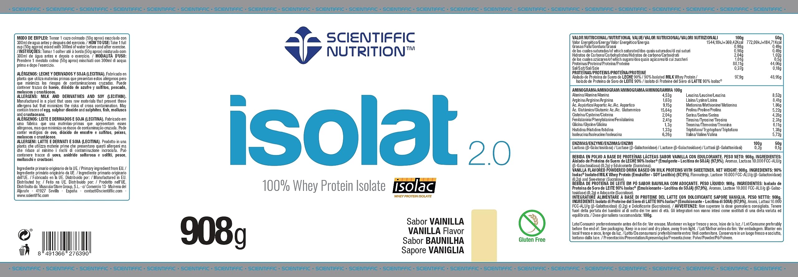 Scientiffic Nutrition - Isolat 2.0, Whey Protein, Suplemento de Proteina Aislada ISO con Lactasa, Proteina de Suero de Leche en Polvo - 908g, Vainilla.