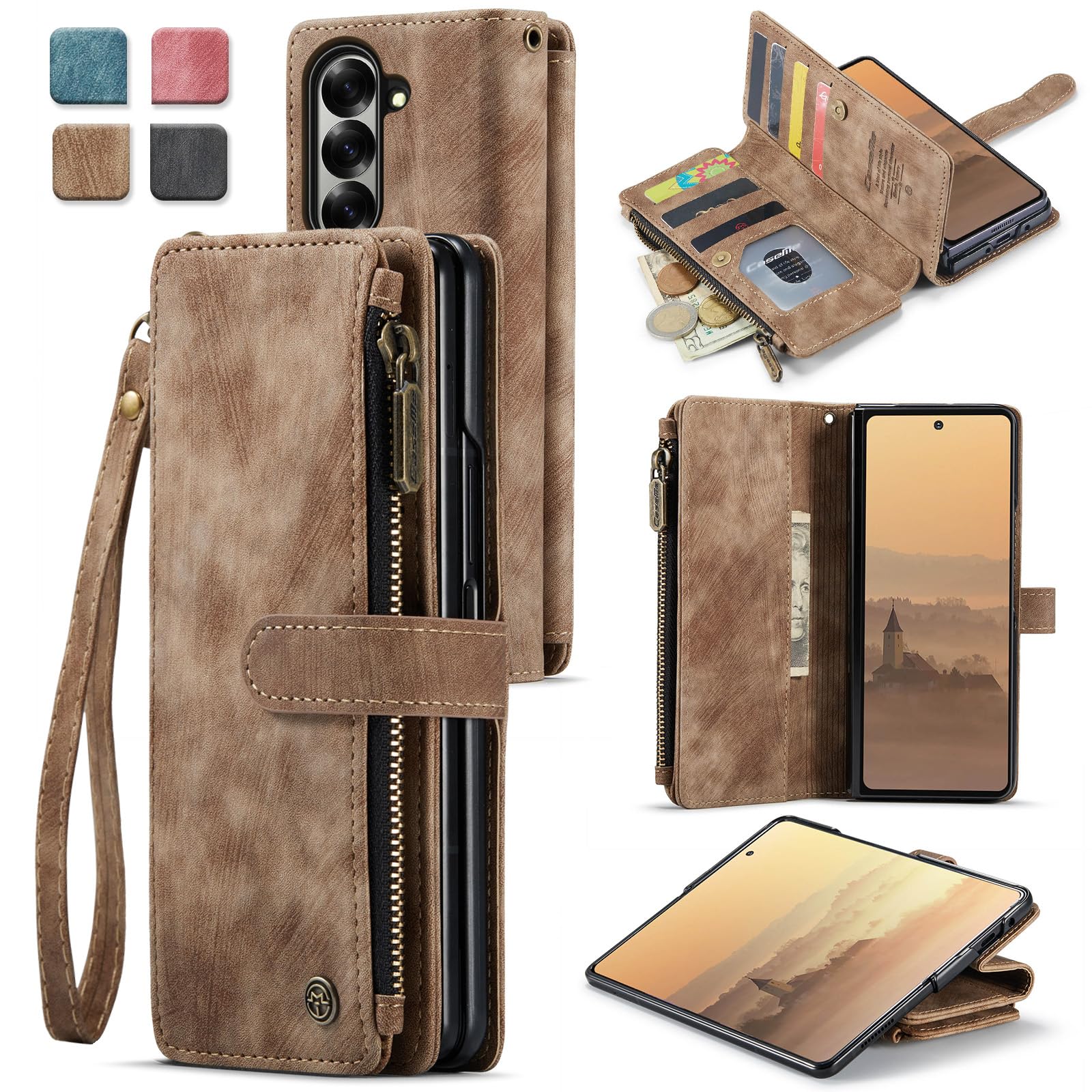 Etui portfelowe ze skóry PU, pasuje do telefonu Samsung Galaxy Z Fold8, przegródki na karty, magnetyczne zamknięcie, podpórka, odporny na wstrząsy pasek na nadgarstek, zamek błyskawiczny o